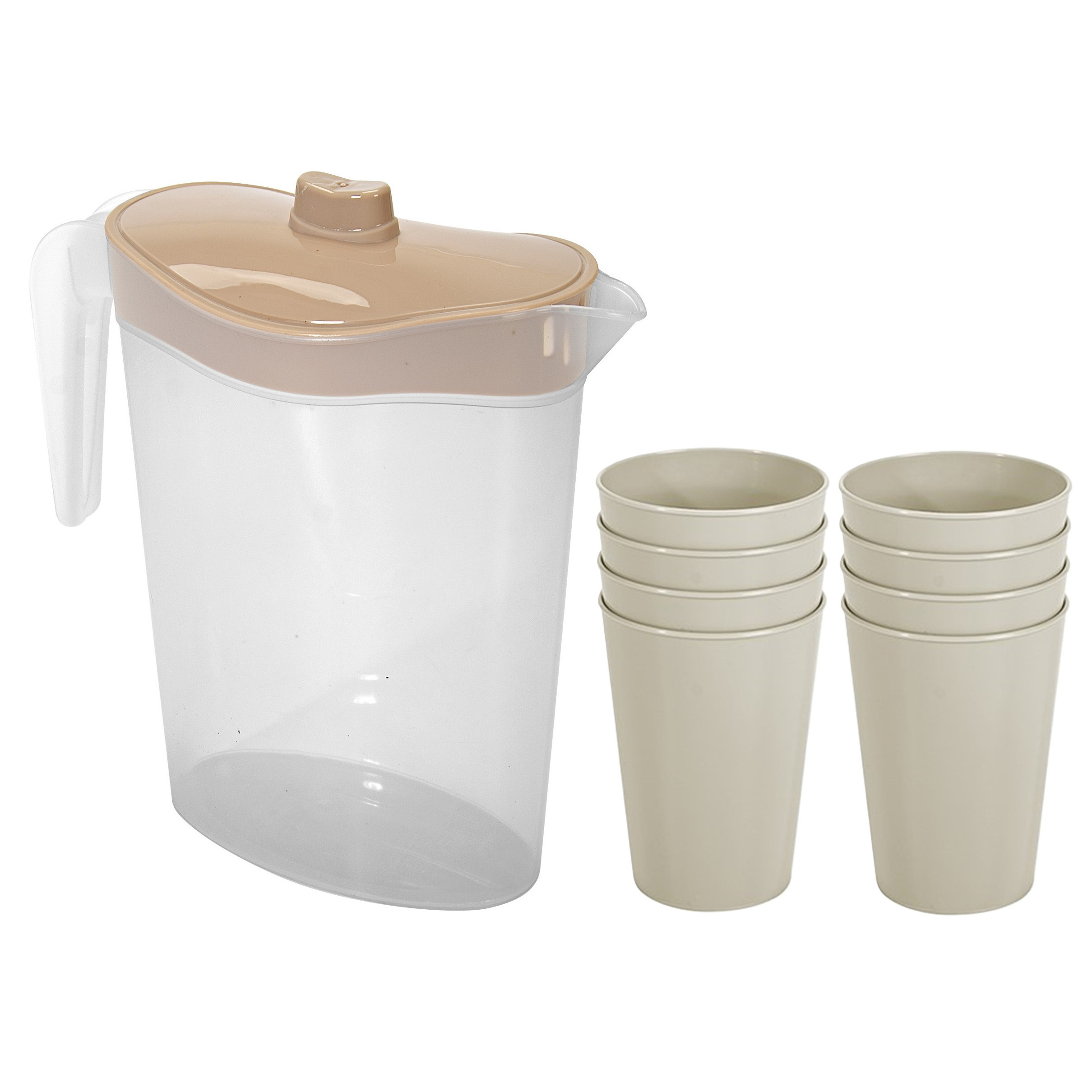 Hega Hogar Waterkan/sapkan met deksel beige - 2,5 liter - kunststof - met 8x stuks kunststof glazen 300 ml -