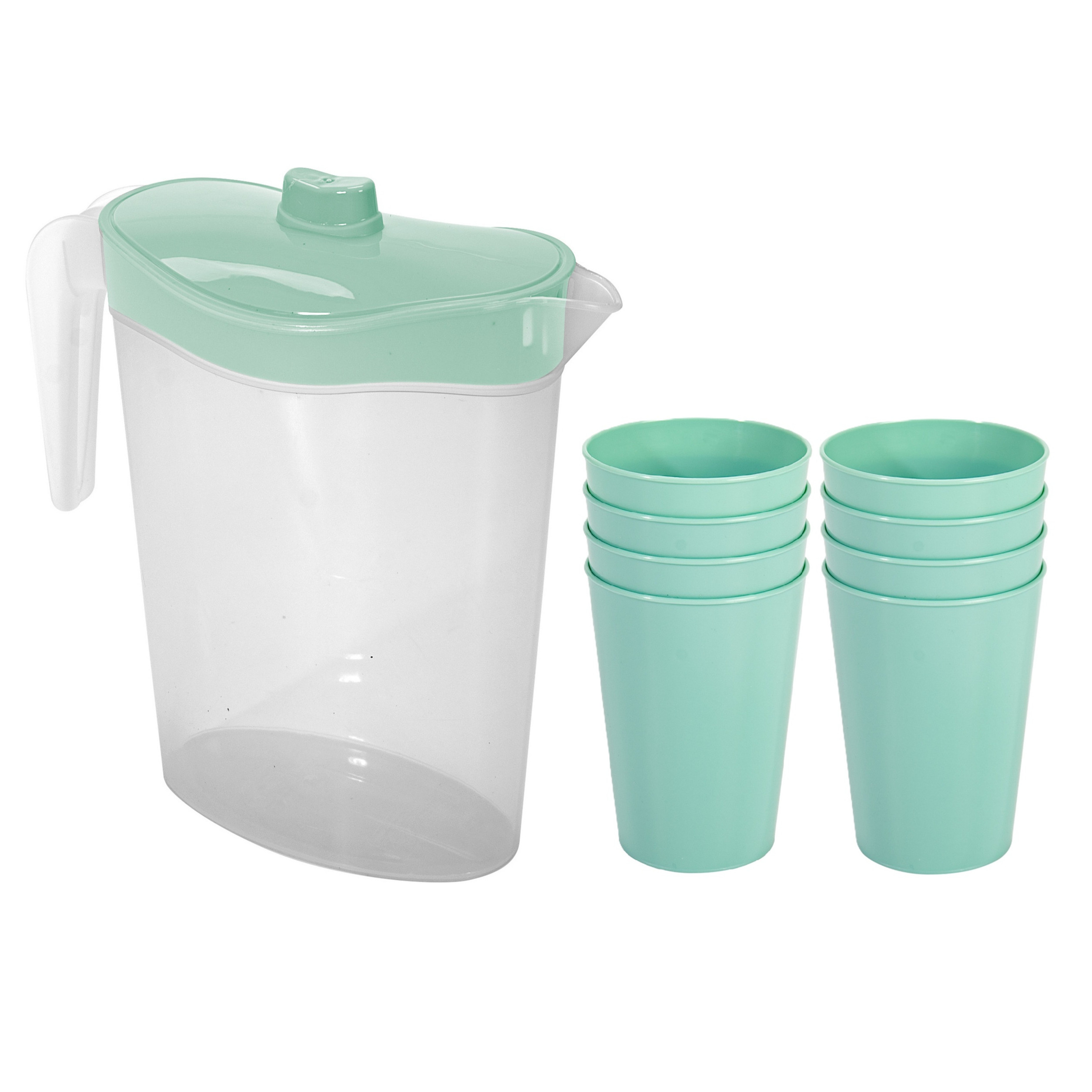Hega Hogar Waterkan/sapkan met deksel groen - 2,5 liter - kunststof - met 8x stuks kunststof glazen 300 ml -