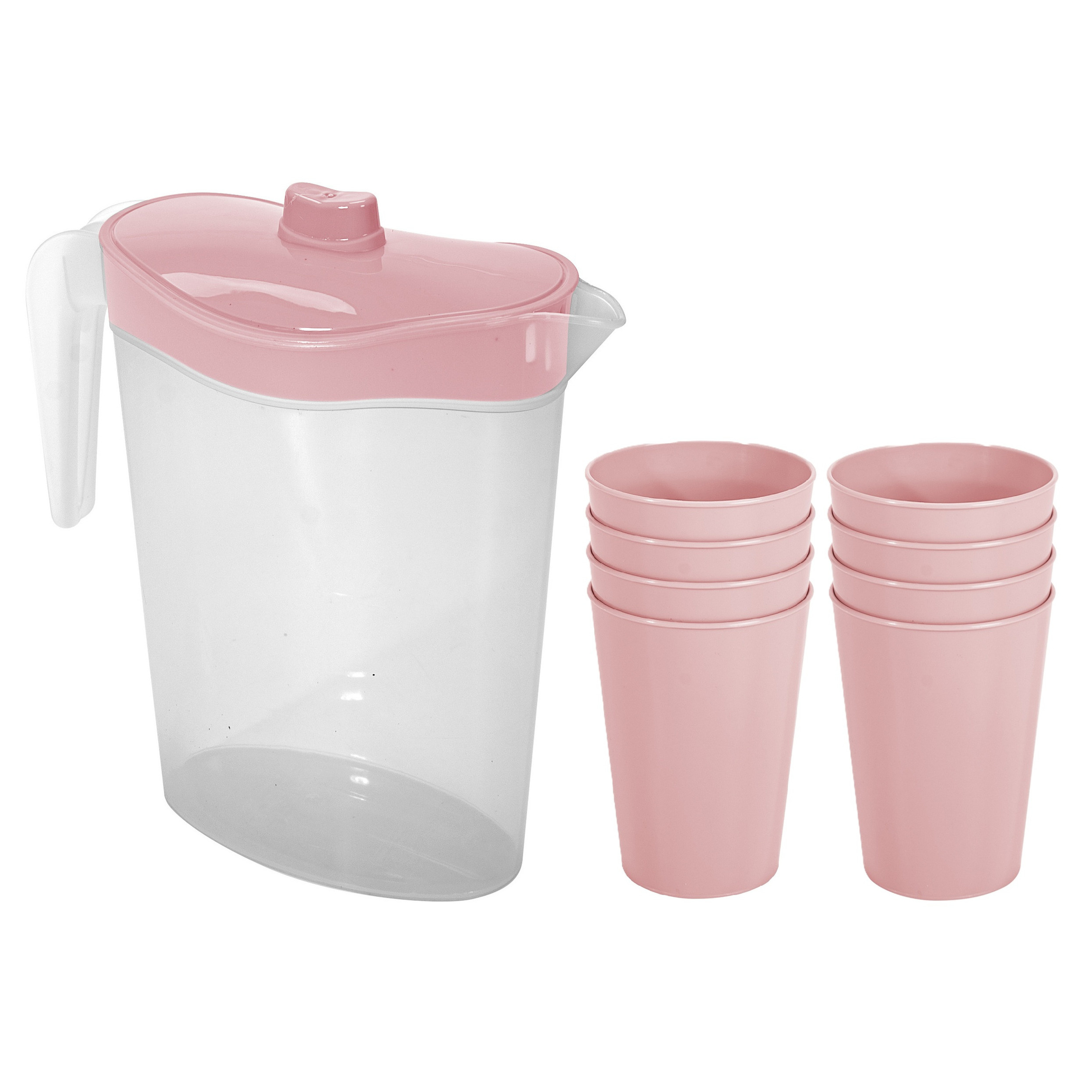 Hega Hogar Waterkan/sapkan met deksel roze - 2,5 liter - kunststof - met 8x stuks kunststof glazen 300 ml -