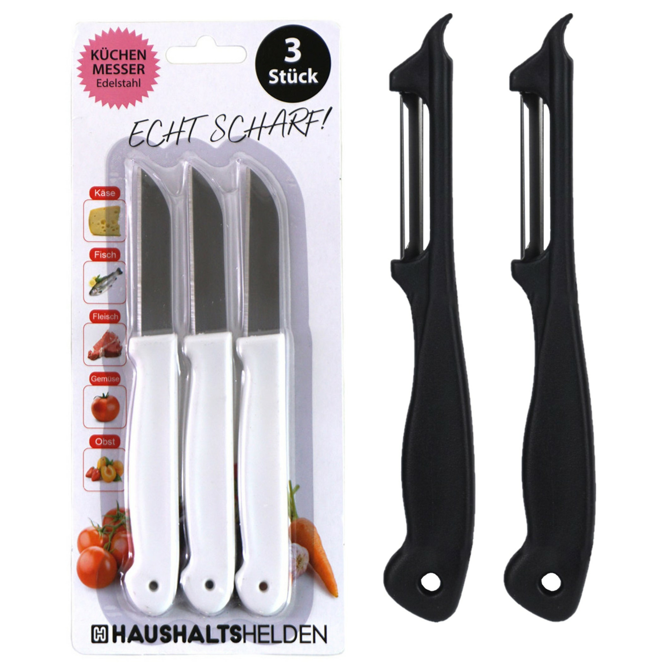 Merkloos Groente/fruit keukenmesjes - voor schillen/snijden - zwart/wit - kunststof - 5-delig -