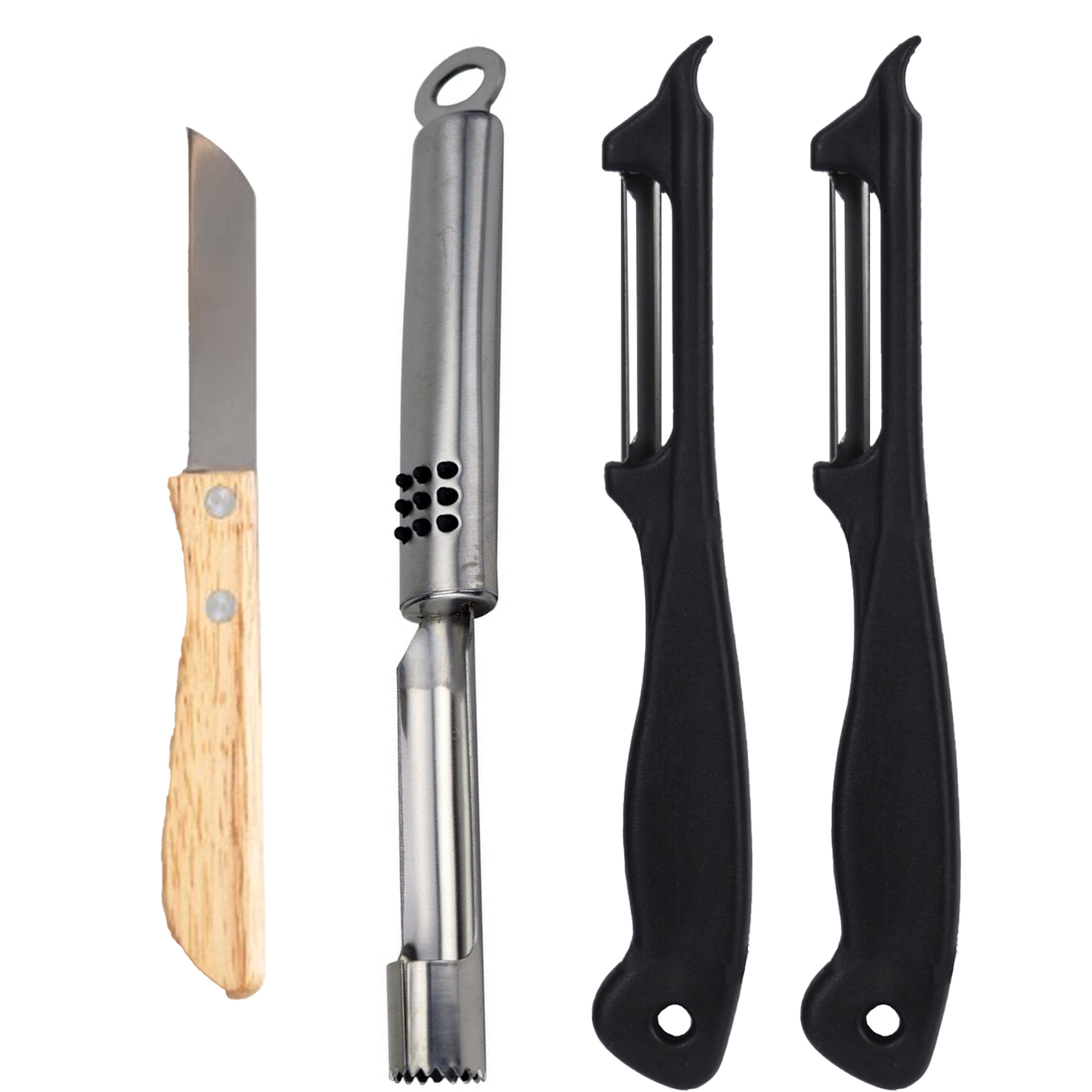 Merkloos Schilmesjes/aardappelmesjes set 4-delig - voor schillen en snijden - RVS/kunststof/hout -