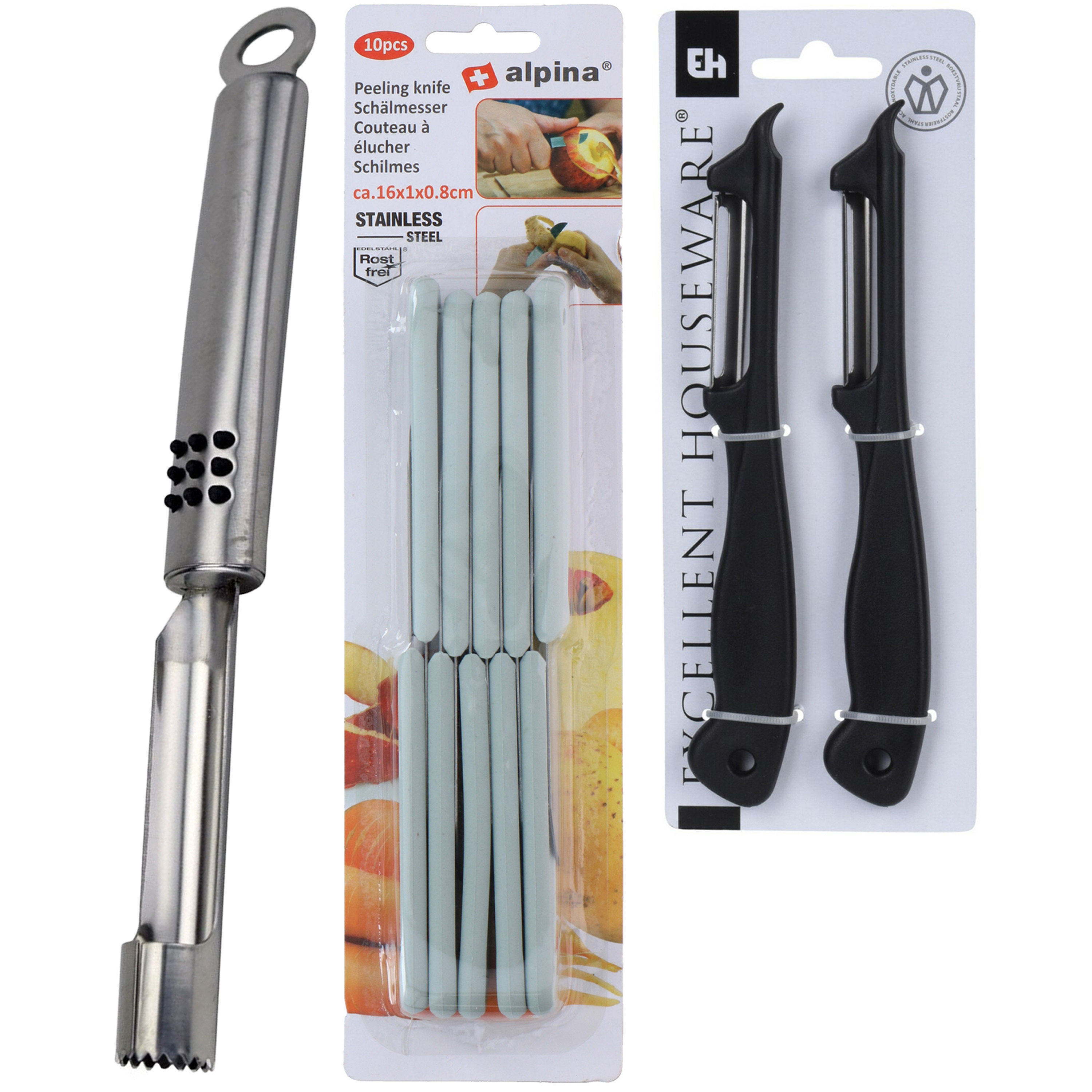 Merkloos Schilmesjes set 13-delig - voor schillen en snijden - grijs/zwart - kunststof/RVS -