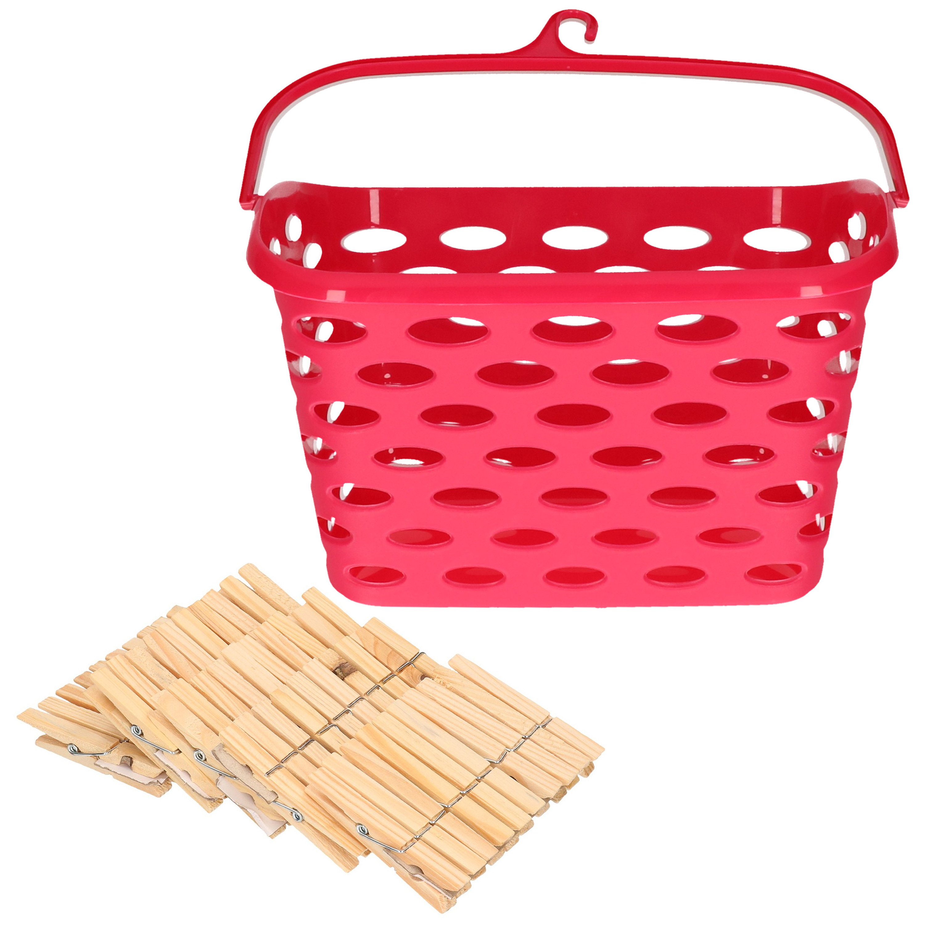 Merkloos Wasknijpersmandje met haak - fuchsia roze - en 100x houten wasknijpers 7 cm -