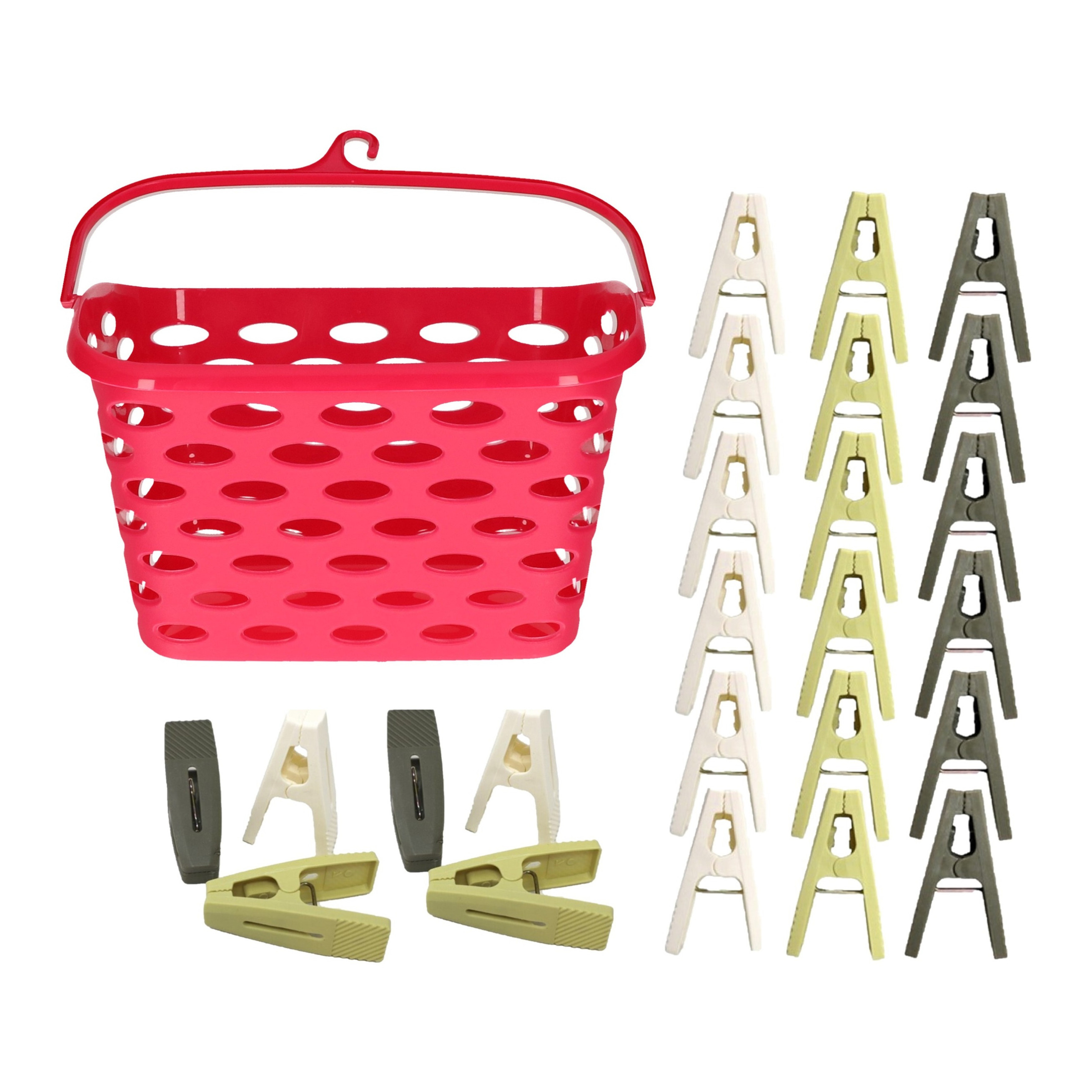 Merkloos Wasknijpers ophangmandje met haak - fuchsia - en 80x gekleurde compacte wasknijpers van 6 cm -