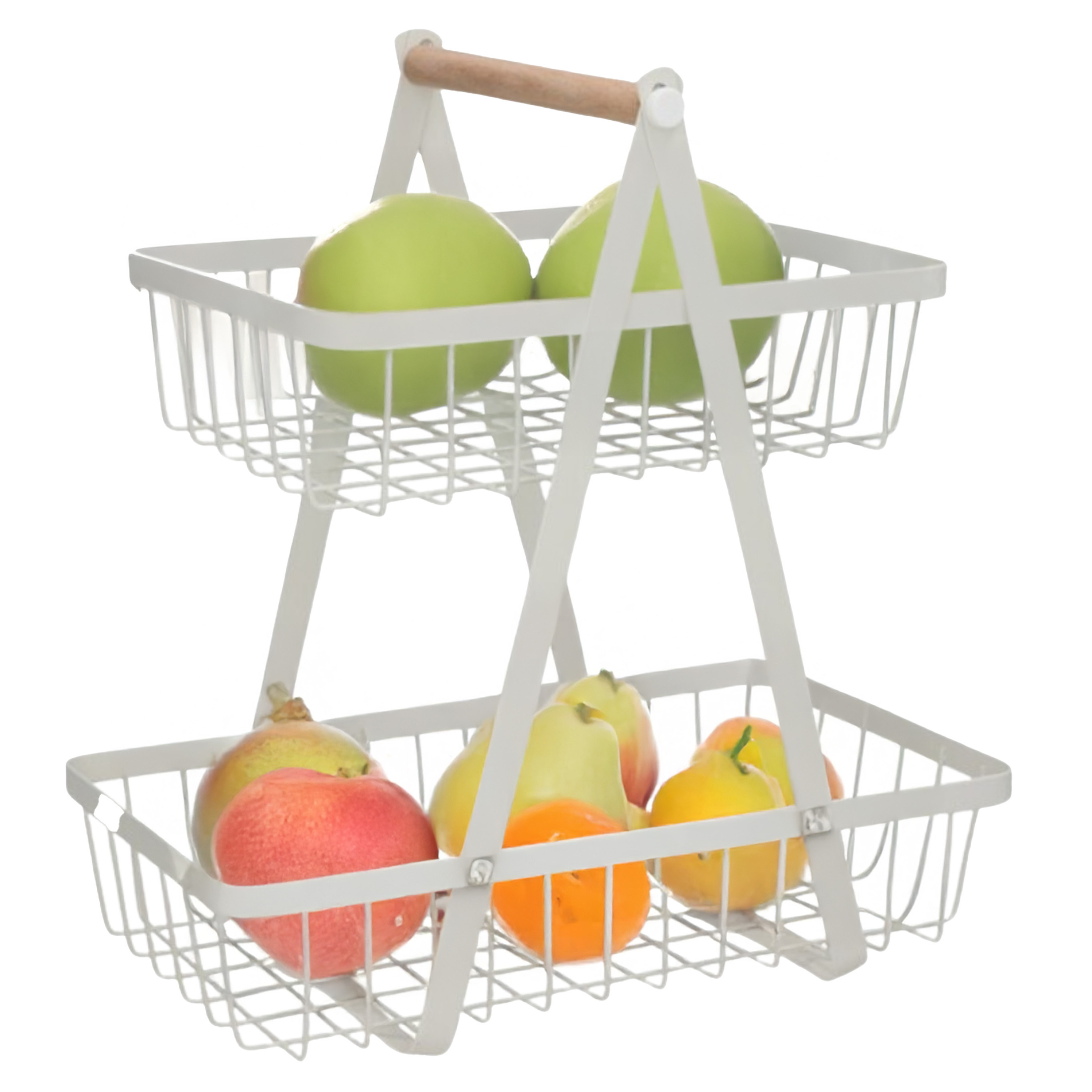 Gerimport fruitrek - fruischaal - metaal - wit - 2 lagen - home decoratie - H33 cm -