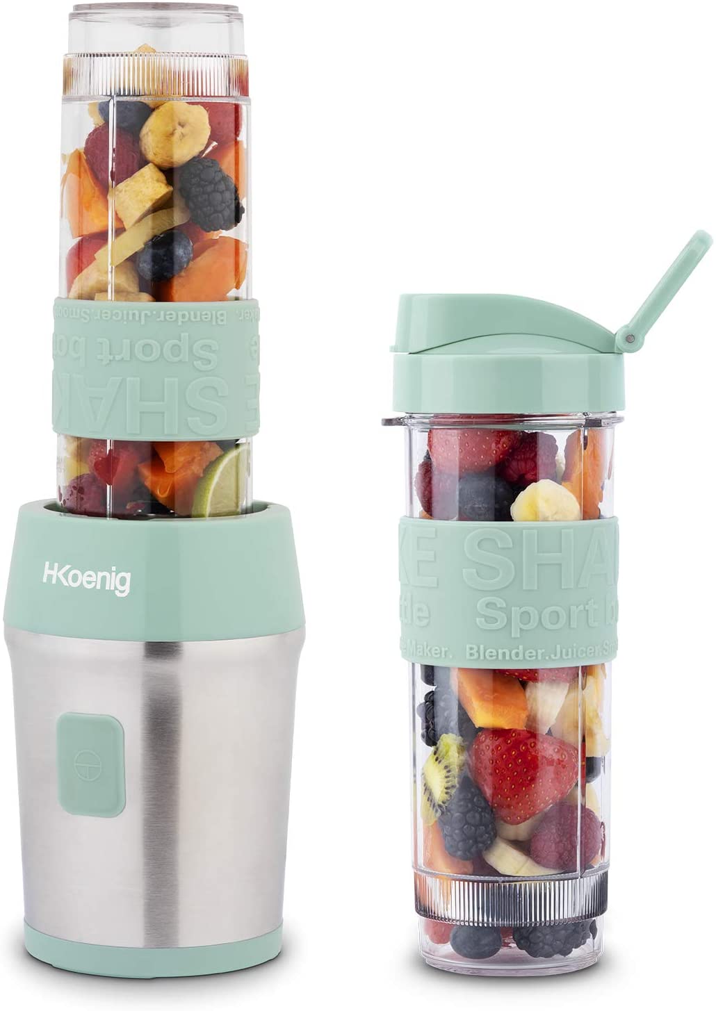 H.Koenig SMOO18- Mini batidora portatil compacta. 570 ml, sin BPA, 300 W, 2 Botellas portatiles, 4 cuchillas de ac inoxidable, Color verde pastel