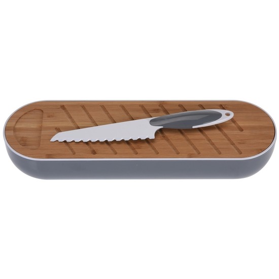 Merkloos Grijze kunststof brood trommel met plank en mes cm -