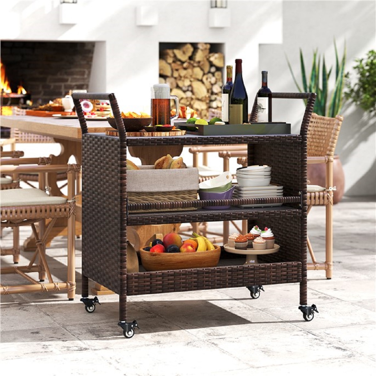 Costway Buiten-barwagen 3-laags Patio Rattan Rek met Vergrendelbare Universele Wielen & Zijgrepen 86 x 50 x 89 cm