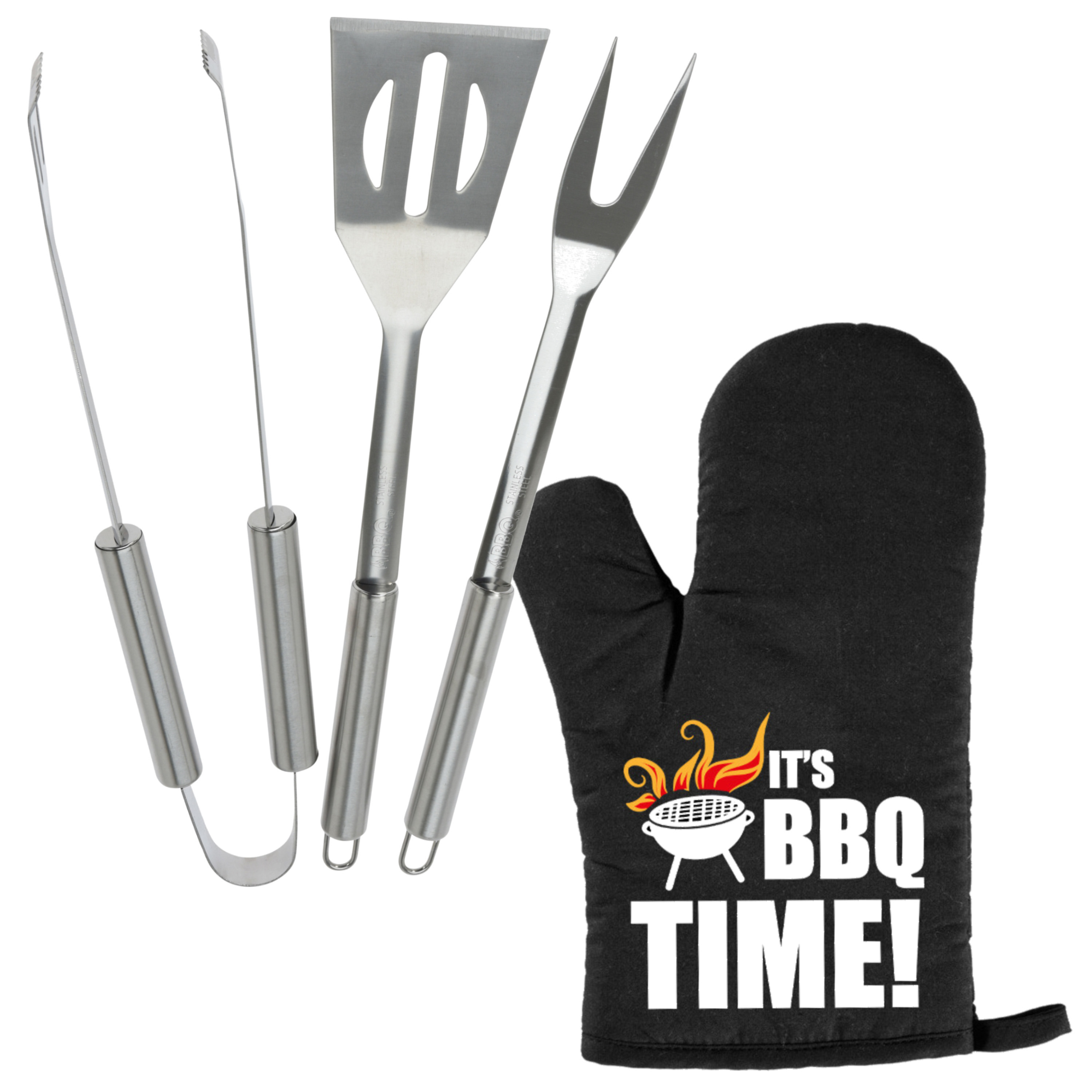 Merkloos BBQ/barbecue gereedschap set 3-delig RVS met BBQ handschoen It's BBQ Time! -