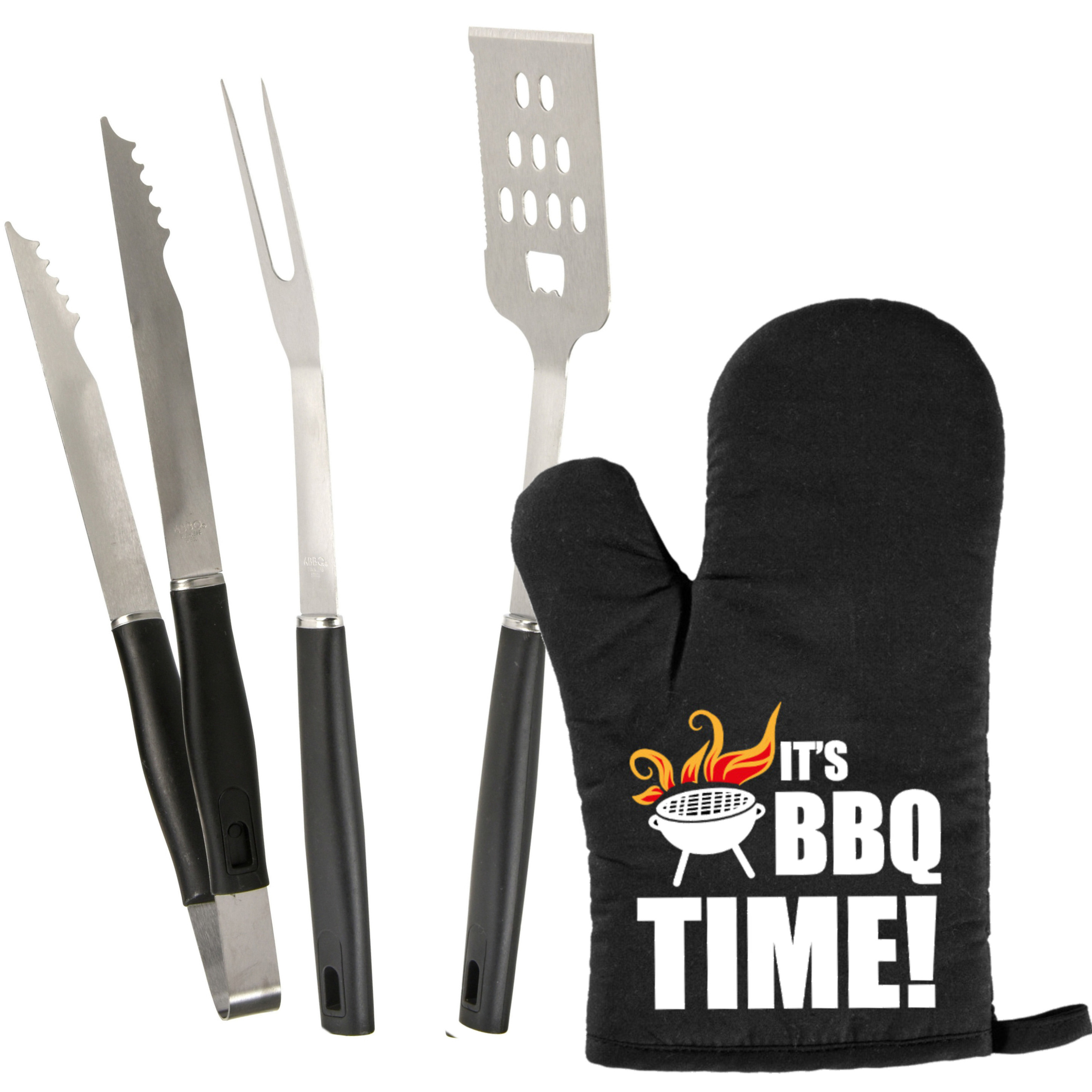 Merkloos BBQ/barbecue gereedschap set 3-delig RVS met BBQ handschoen It's BBQ Time! -