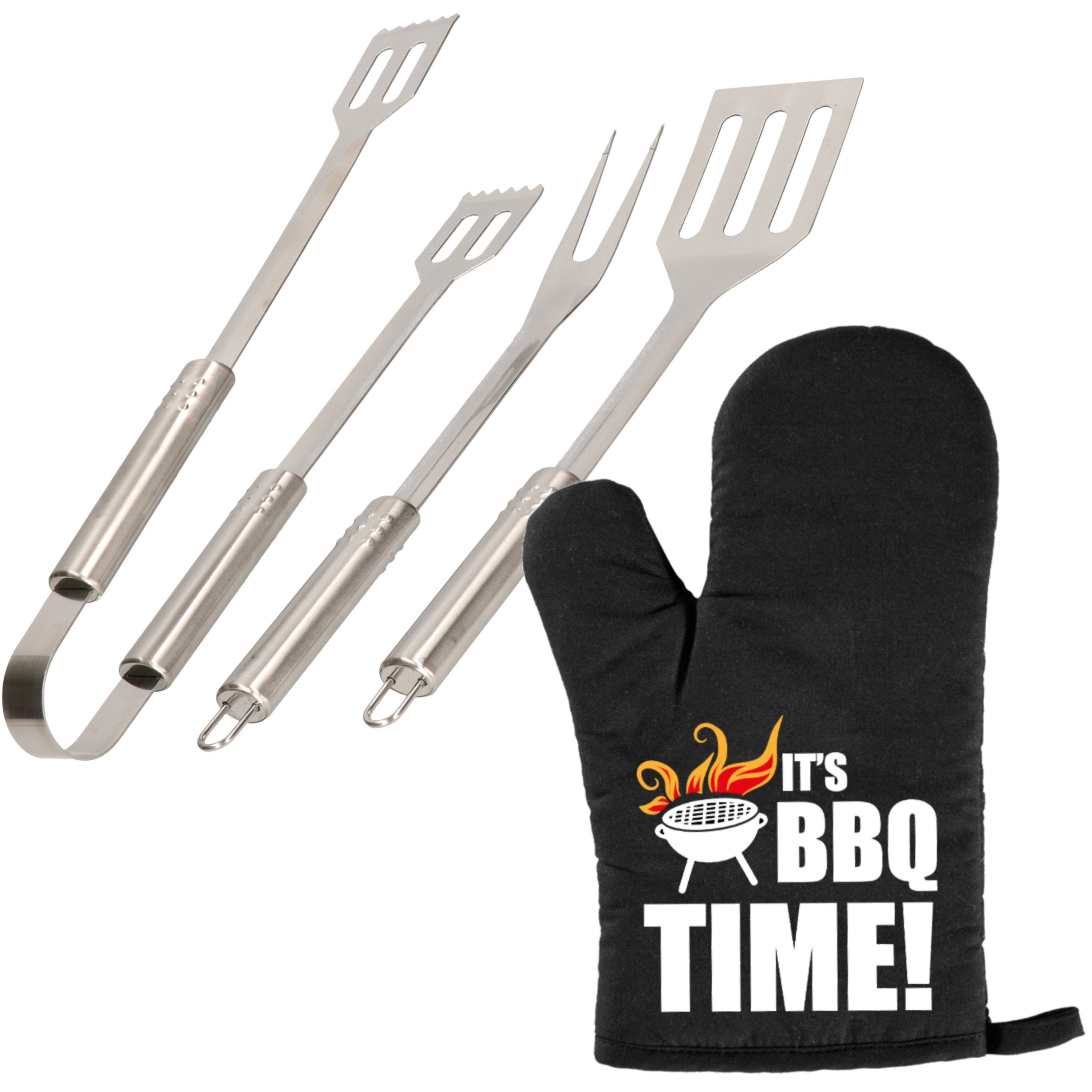 Merkloos Barbecue/bbq gereedschap 3-delige set 33 cm van RVS met BBQ handschoen It's BBQ Time! -