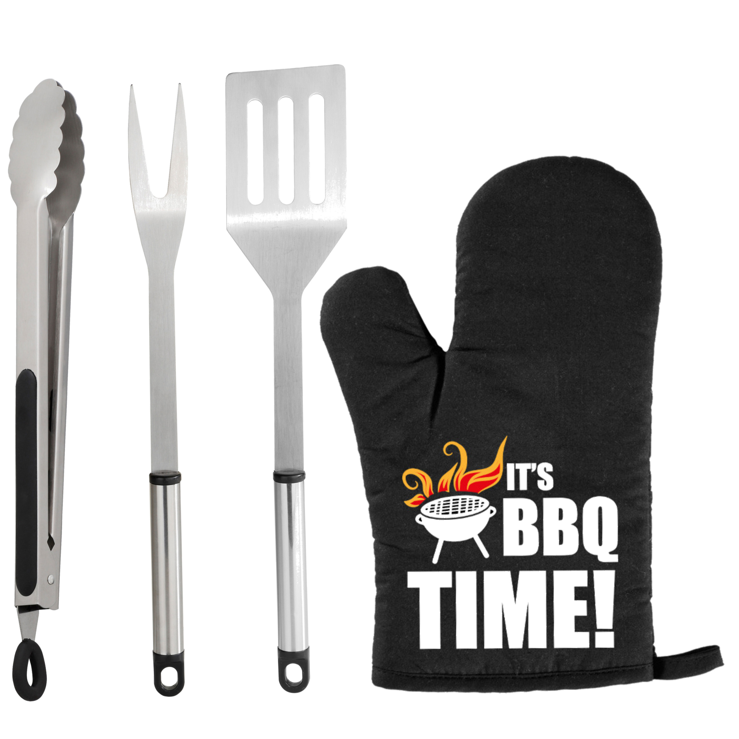 Merkloos BBQ/barbecue gereedschap set 3-delig RVS met BBQ handschoen It's BBQ Time! -