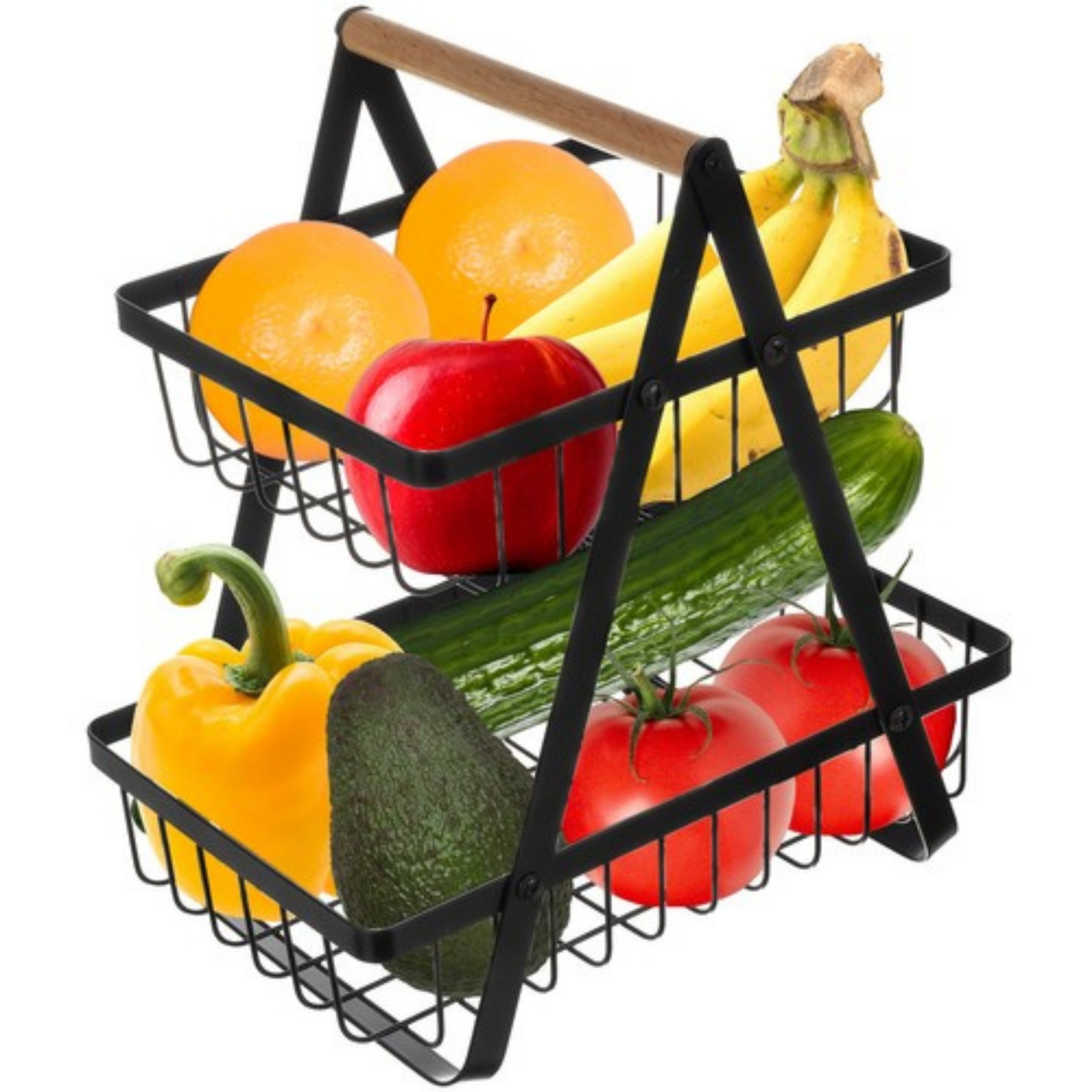 Ruhhy fruitrek/fruischaal - metaal - zwart - 2 lagen - home decoratie - 30 x 27 x 18 cm -