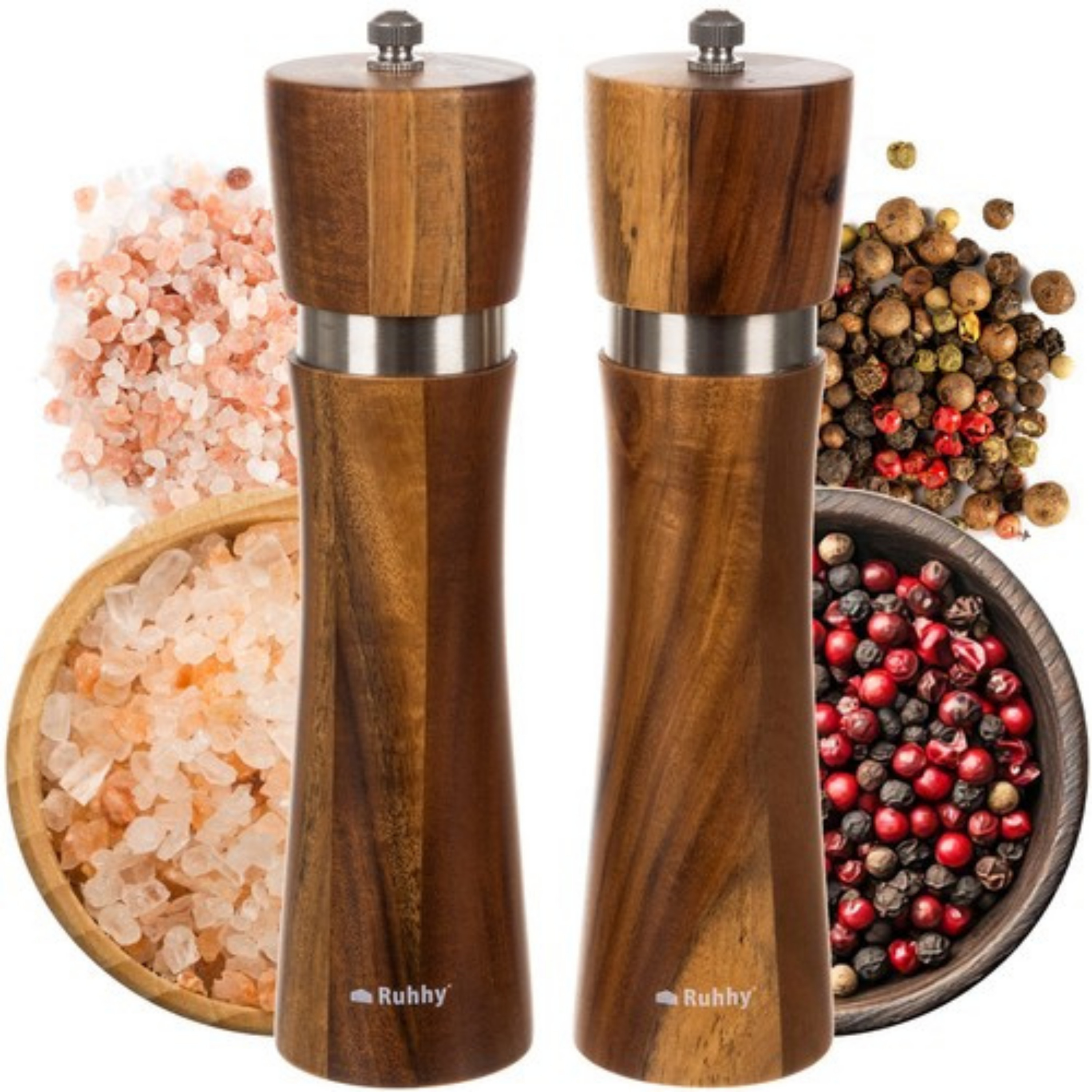 Ruhhy Zout- en pepermolen set - acacia hout - 21 x 6 cm - pepermolens en zoutmolens -