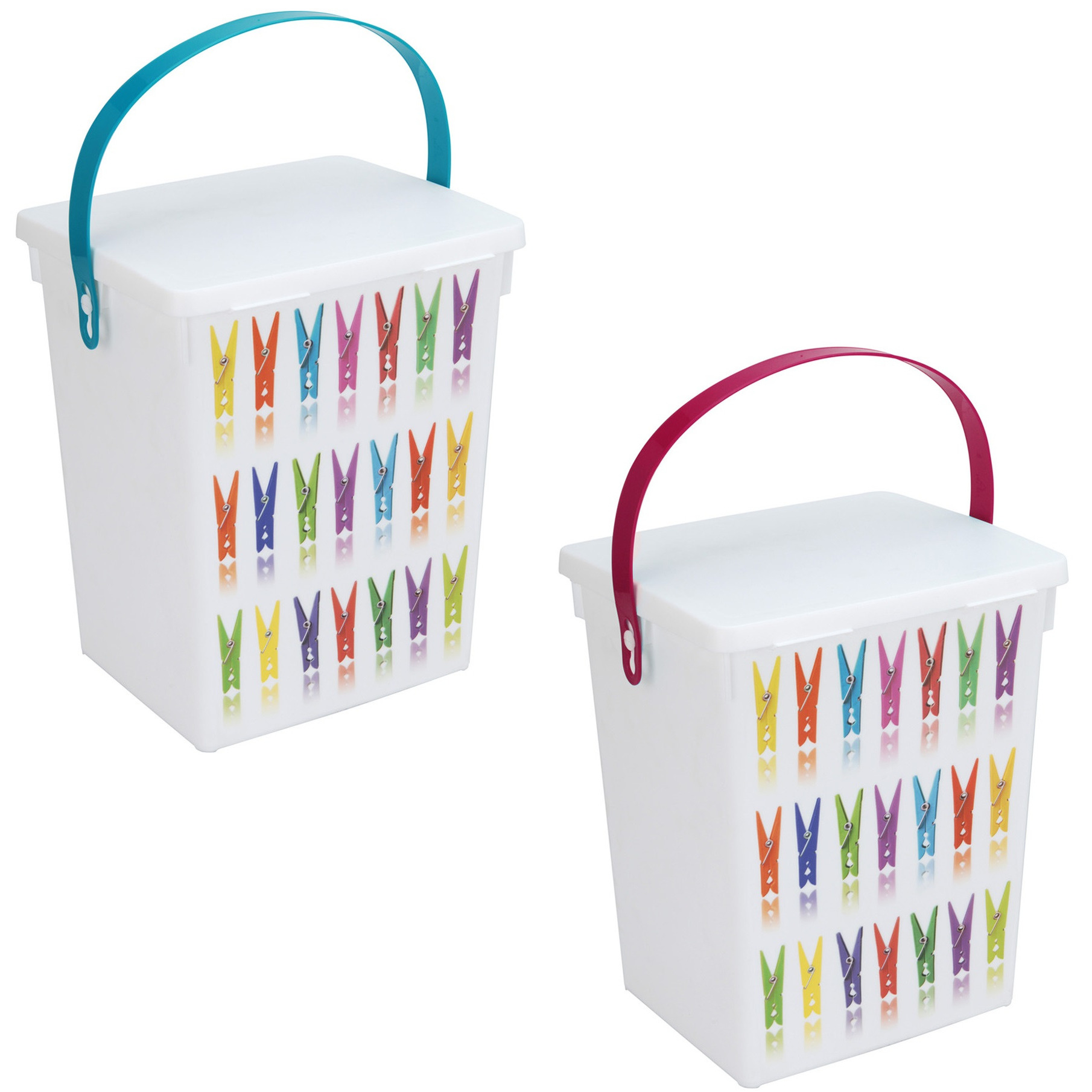 Merkloos 2x Wasknijper bewaarboxen roze en turquoise hengsel 5 liter 23 x 18 cm -