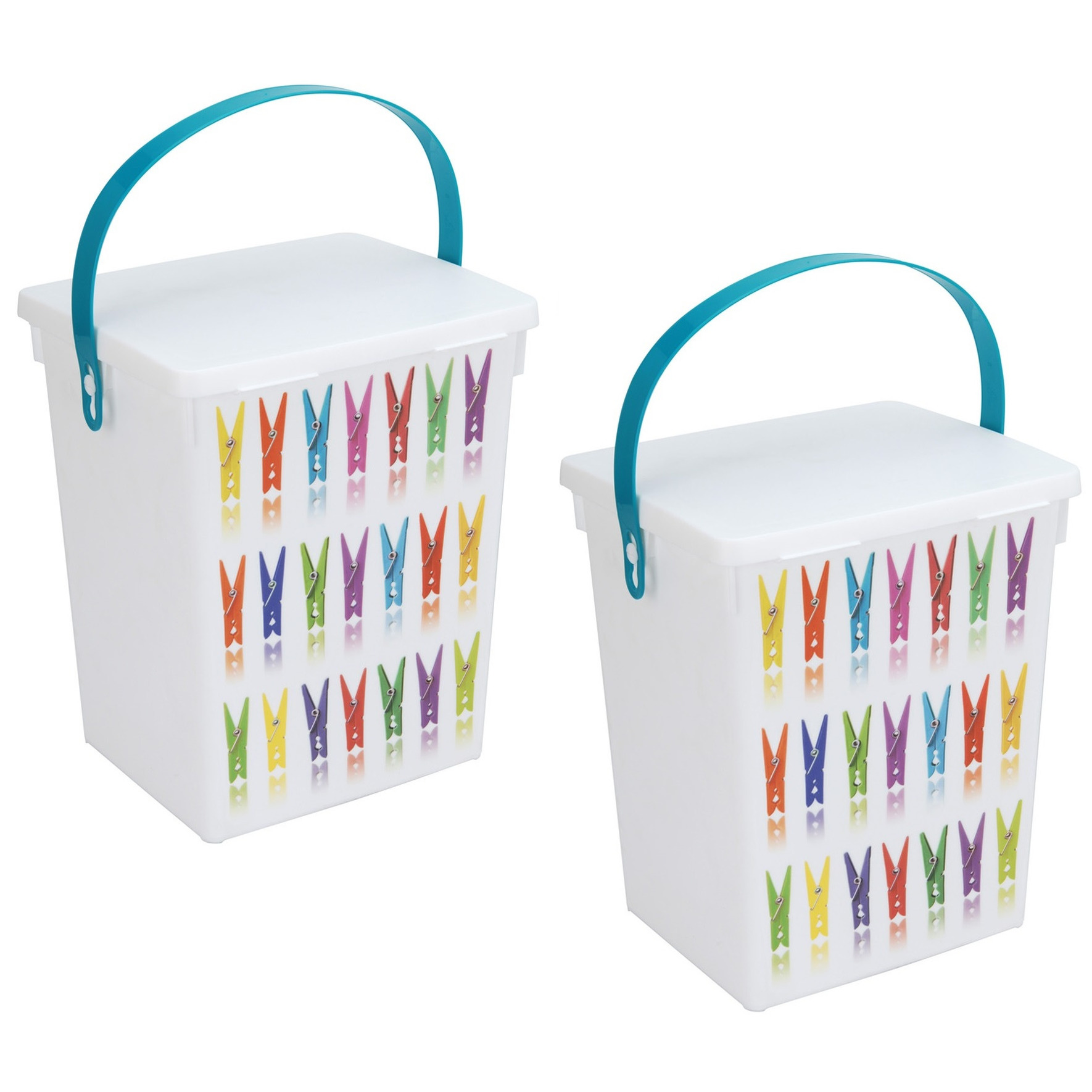 Merkloos 2x Wasknijper bewaarboxen turquoise hengsel 5 liter 23 x 18 cm -