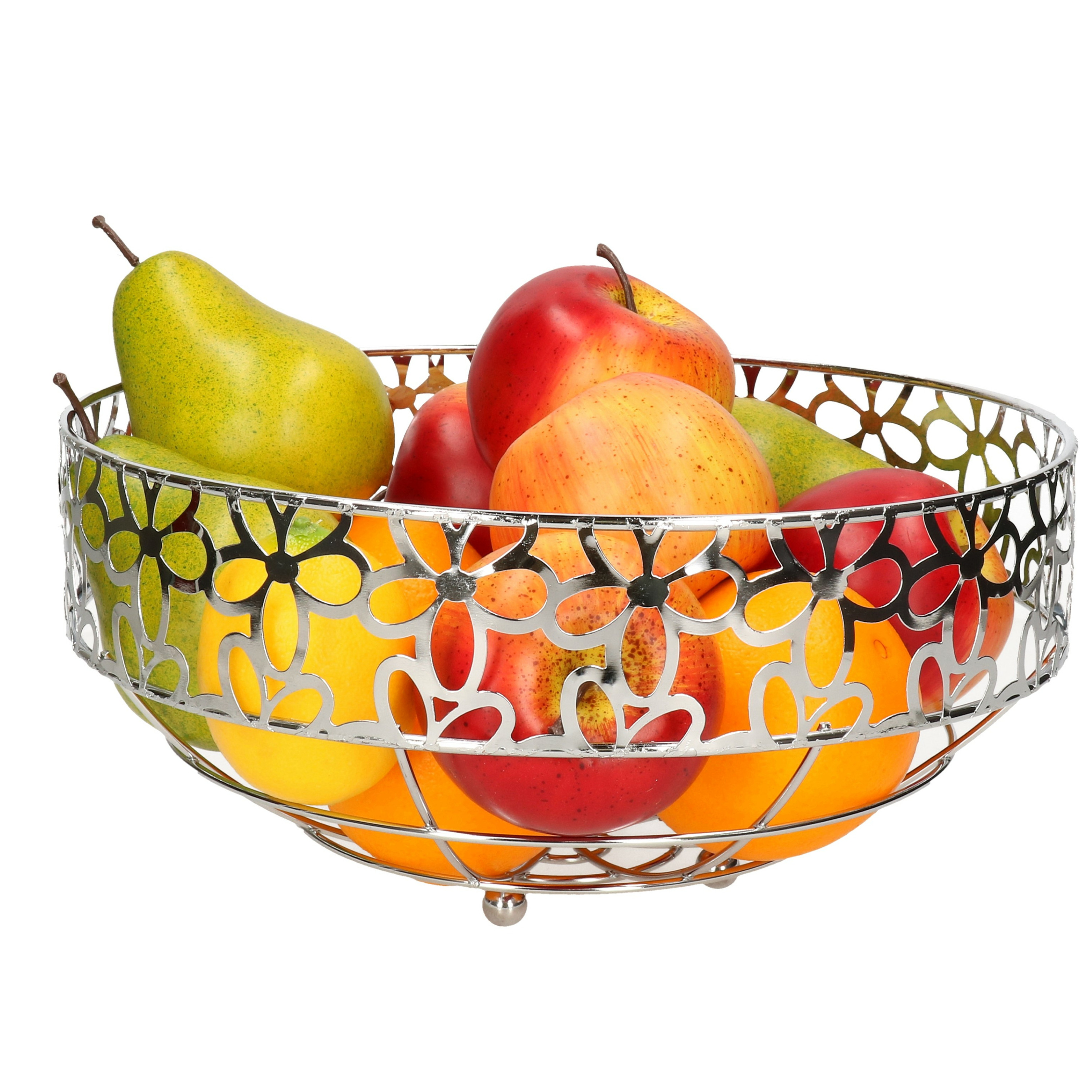 Items Metalen fruitschaal/fruitmand rond zilver met bloemenpatroon 28 x 28 cm -