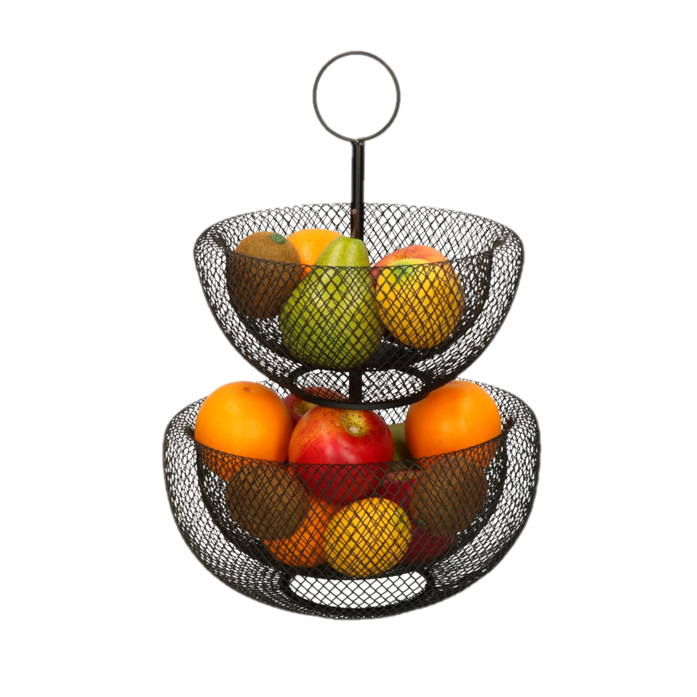 Merkloos Dubbele etagere fruitschaal/fruitmand rond zwart metaal 29 x 47 cm -