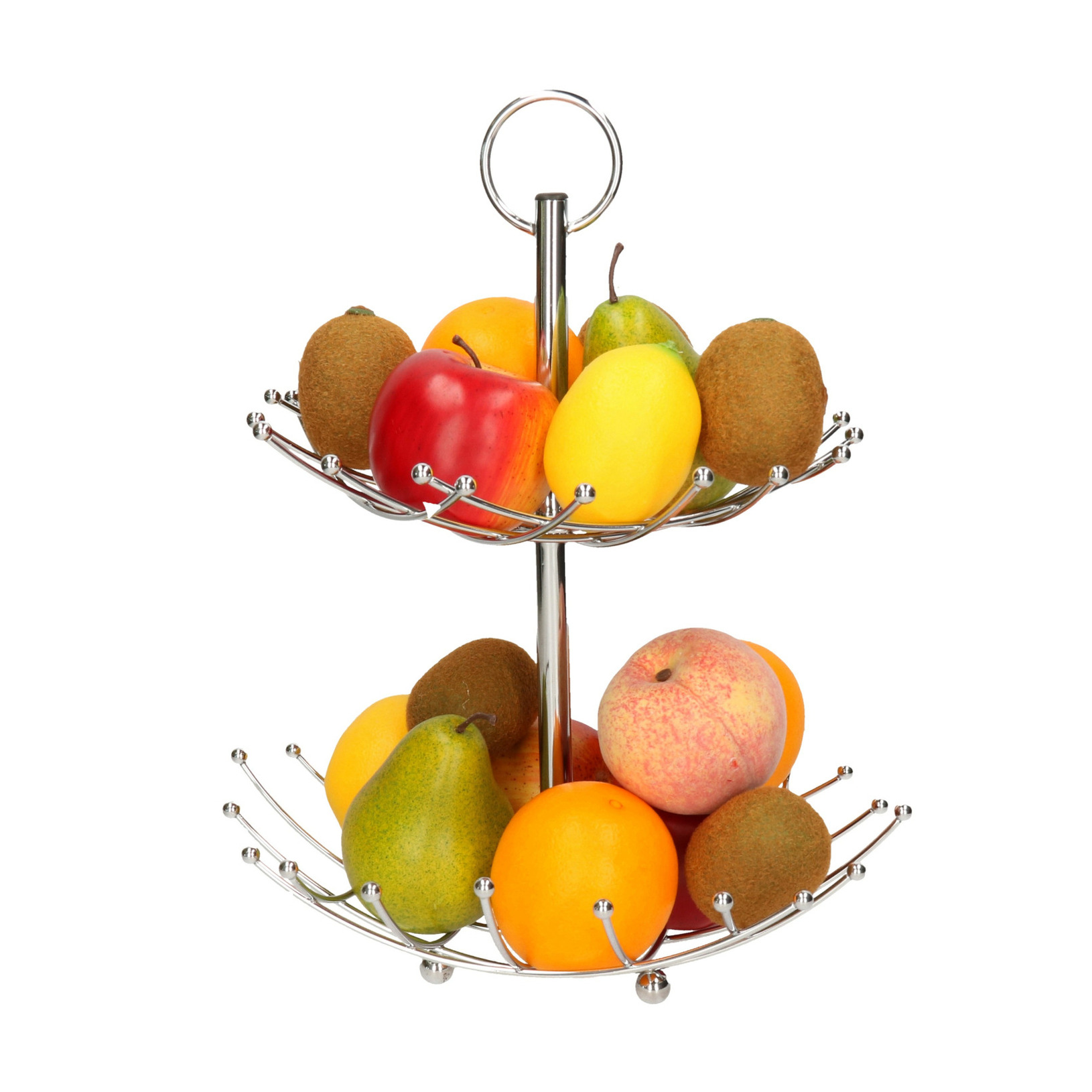 Merkloos 2-laags fruitschaal/fruitmand rond zilver metaal cm -