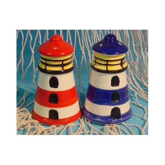 Merkloos Peper en zout stel - keramiek - 8 cm - vuurtoren design - Maritiem - blauw en rood -