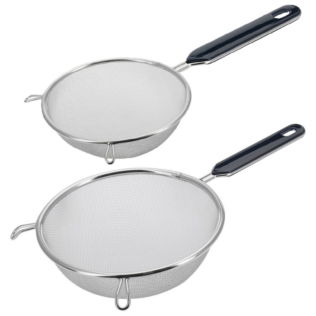 Westmark Keuken vergieten - 2x stuks - met handvat - zwart/zilver - rvs - D10 en D18 cm -