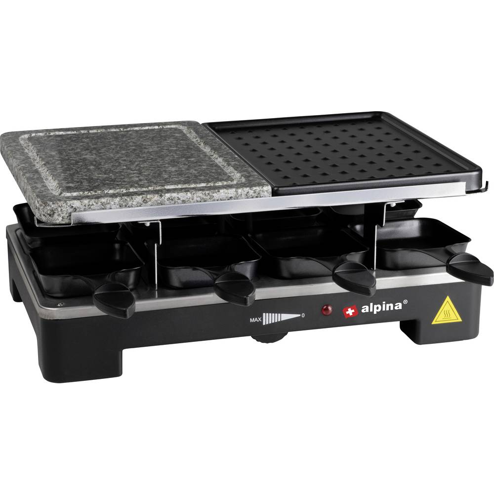 Alpina Switzerland 871125218225 Gourmetstel 8 pannen, Anti-aanbaklaag, Met grillsteen Zwart