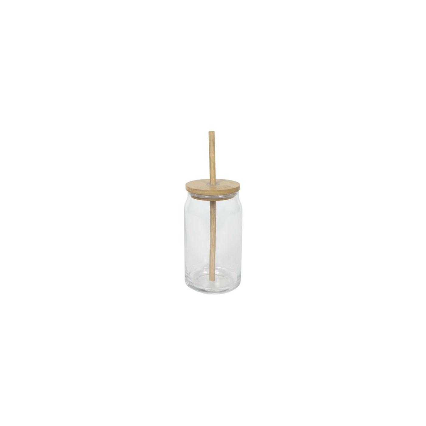 Merkloos Drinkglas bamboe deksel + rietje 500ml