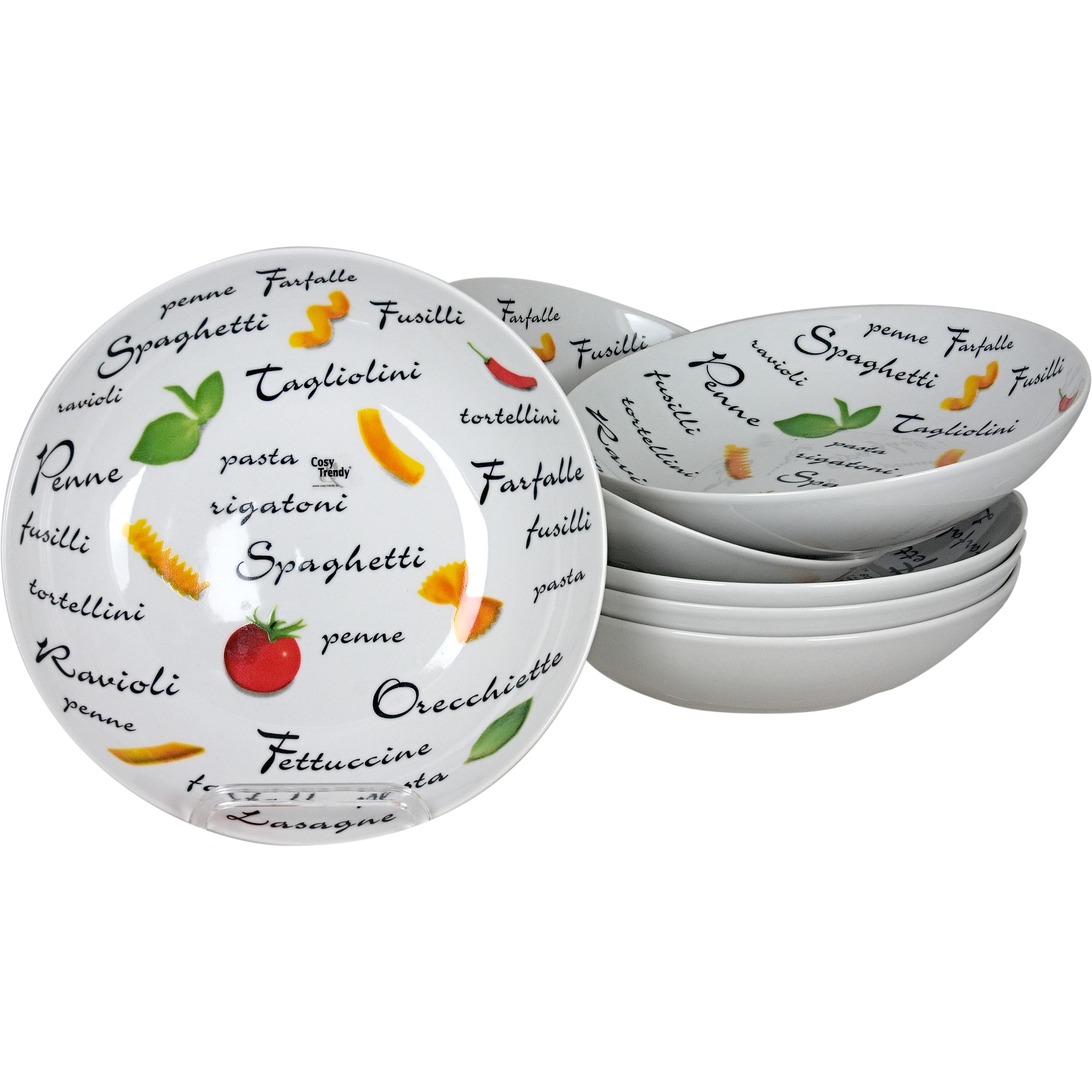 Cosy & Trendy Pastaborden set van 6x stuks - diep - wit met print - D20 x H4 cm - rond - diepe borden - servies -
