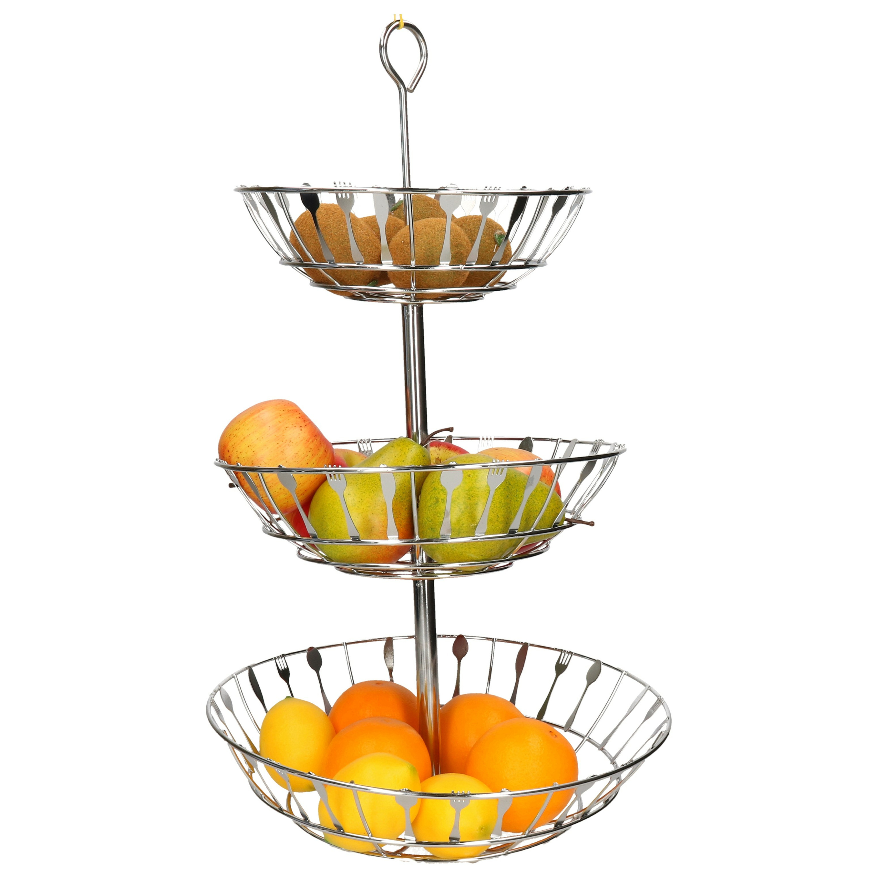 Items Zilveren ronde fruitschaal/fruitmand etagere bestekpatroon 3-laags met oog 56 cm -