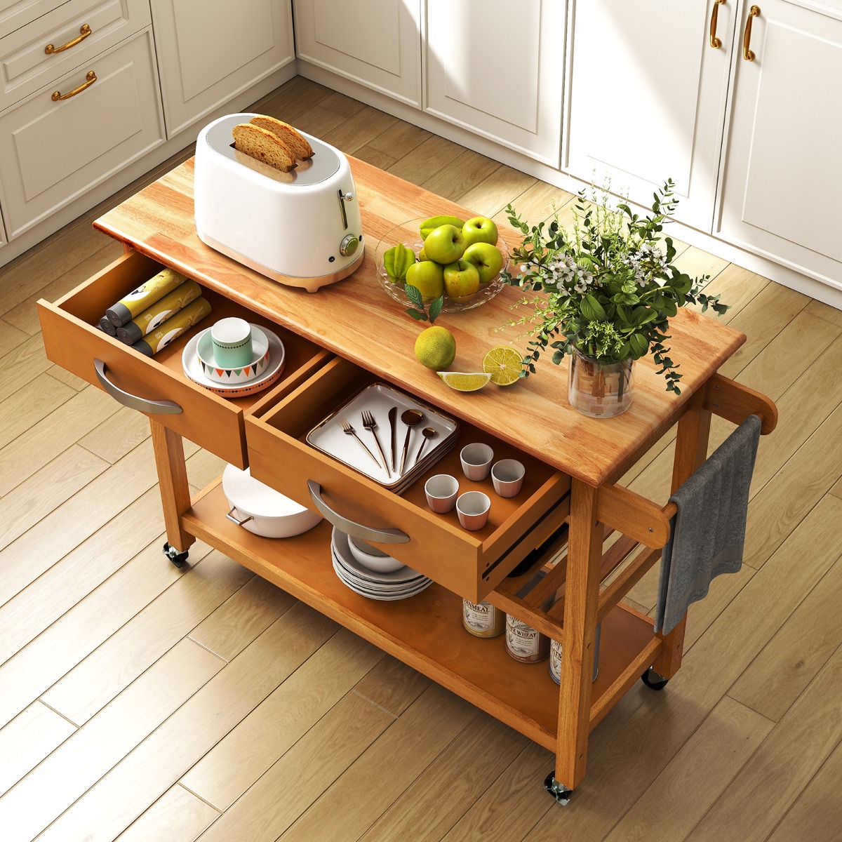 Costway Houten Keukentrolley met Werkblad & 2 Lades & 2 Open Planken & Keukenkast Natuurlijk