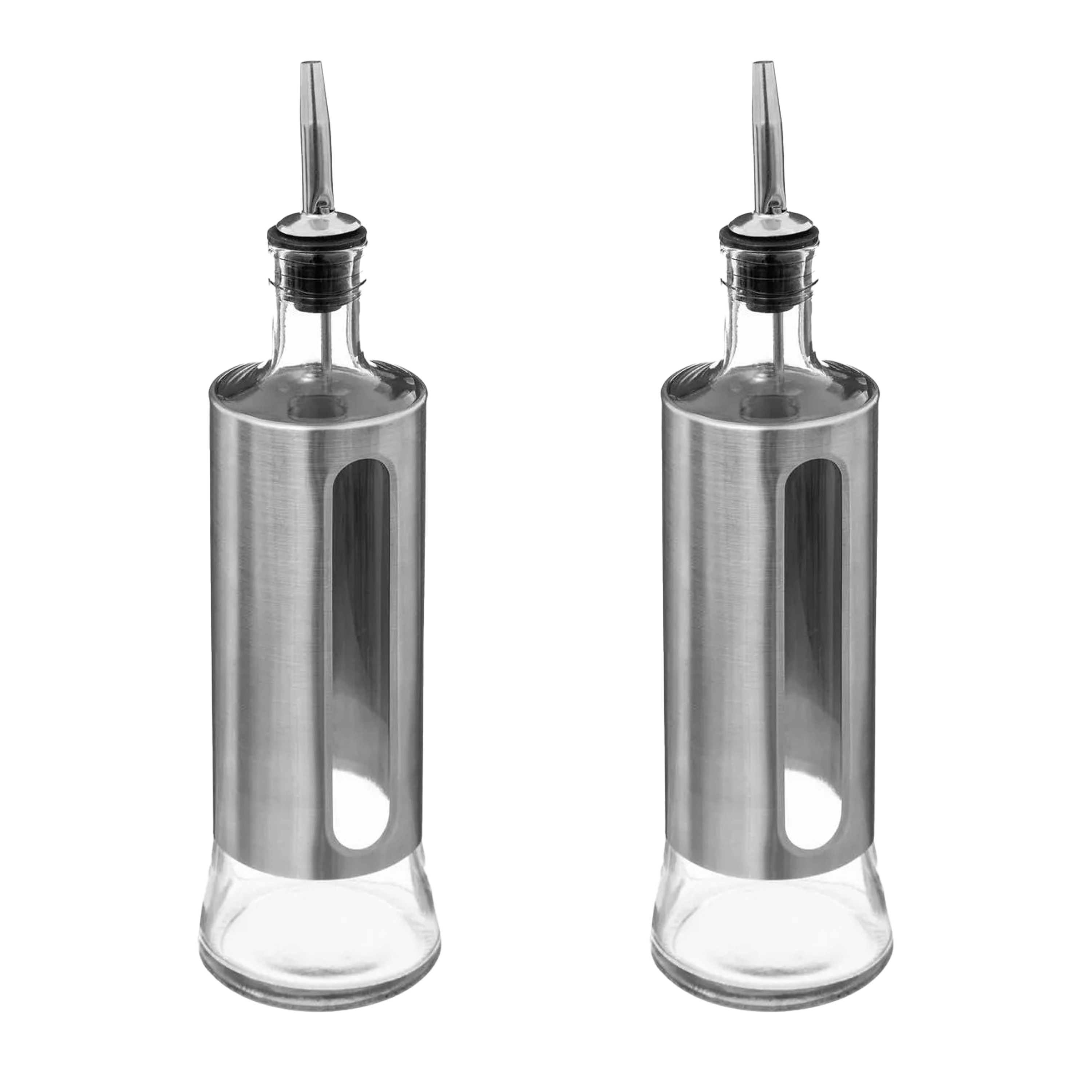5five Azijn/Olie flessen voor op tafel - 2x - glas/metaal - transparant/zilver - olijfolie -