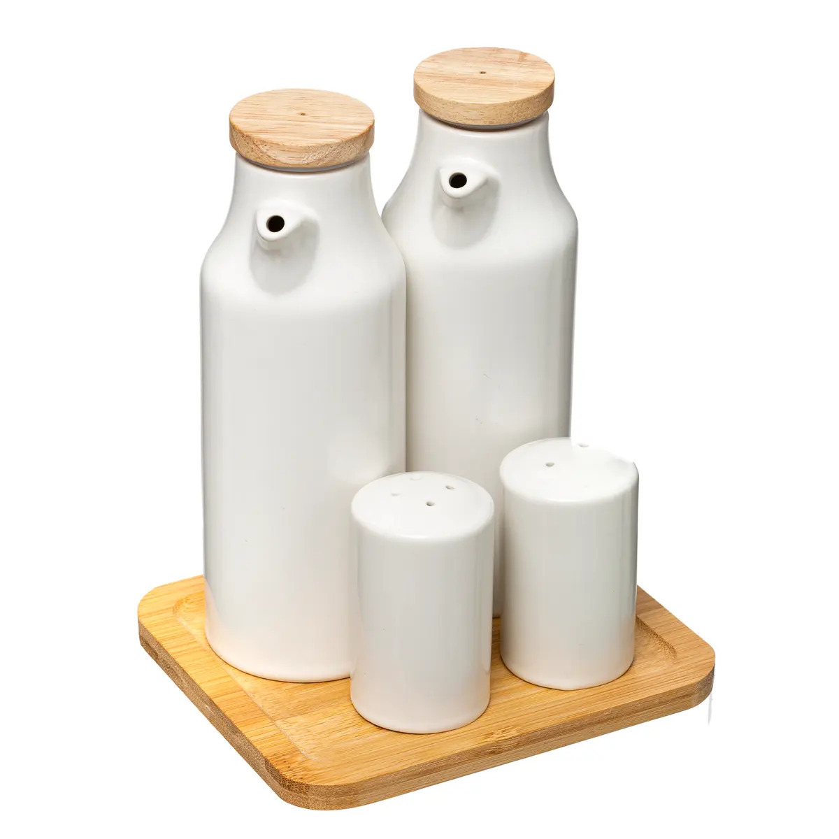 5five Azijn/Olie flessen tafelset - met peper/zout vaatjes - keramiek/bamboe - wit -