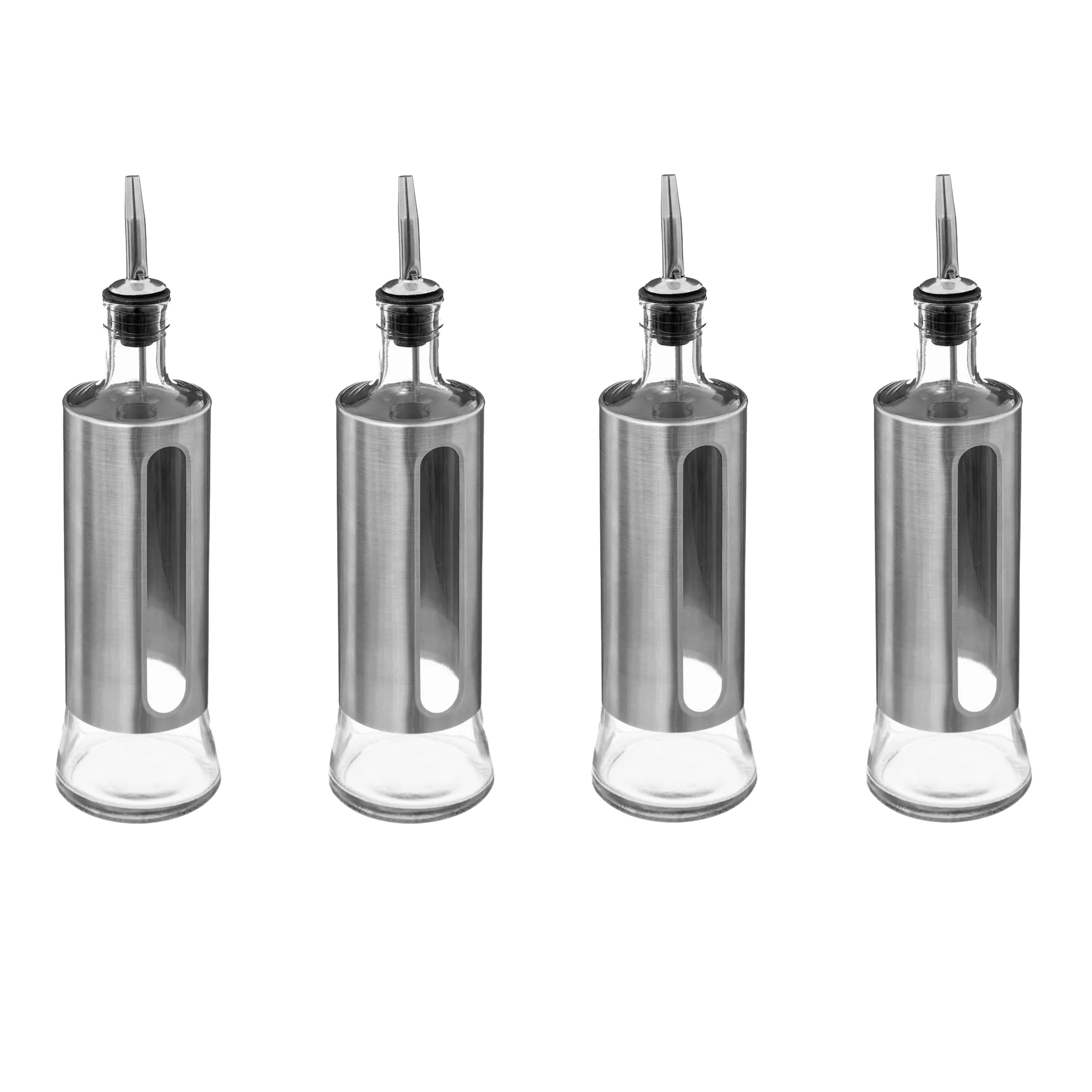 5five Azijn/Olie flessen voor op tafel - 4x - glas/metaal - transparant/zilver - olijfolie en tafela -