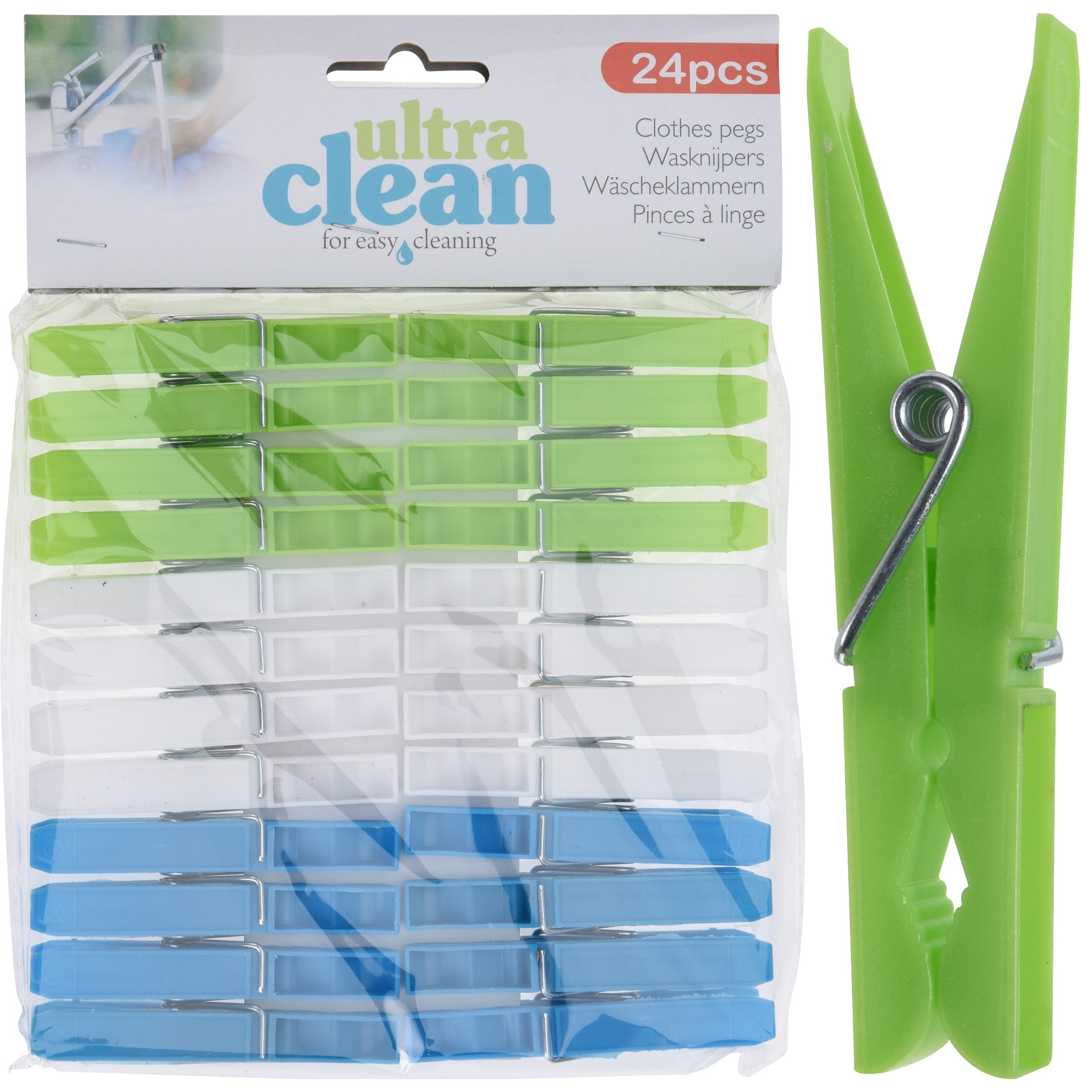 Ultra Clean Wasknijpers - 24x stuks - groen/blauw/wit - van kunststof - formaat 7 cm - wassen -