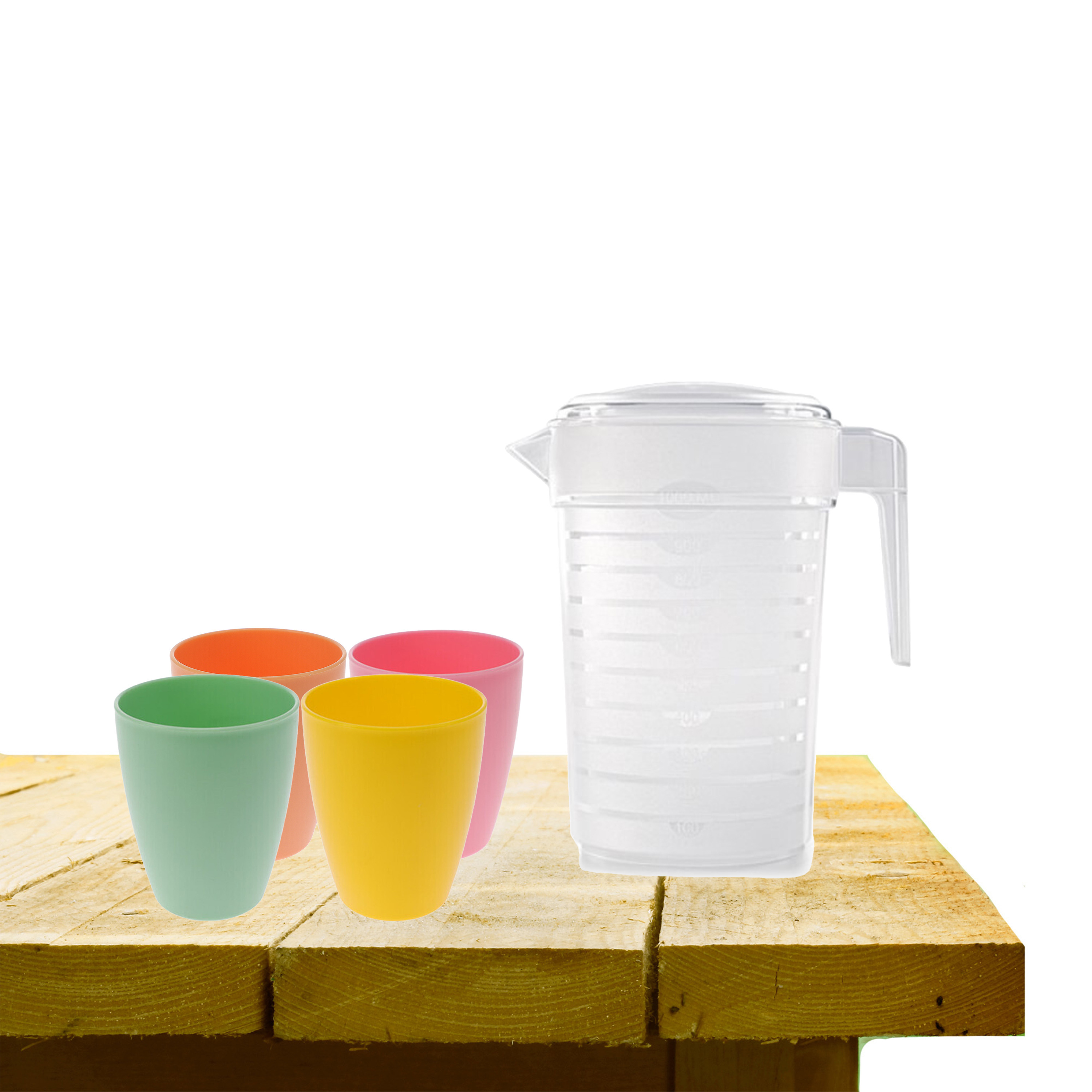 PlasticForte servies Set - 1x waterkan met deksel van 1L - met 4x bekertjes kunststof - gekleurd -