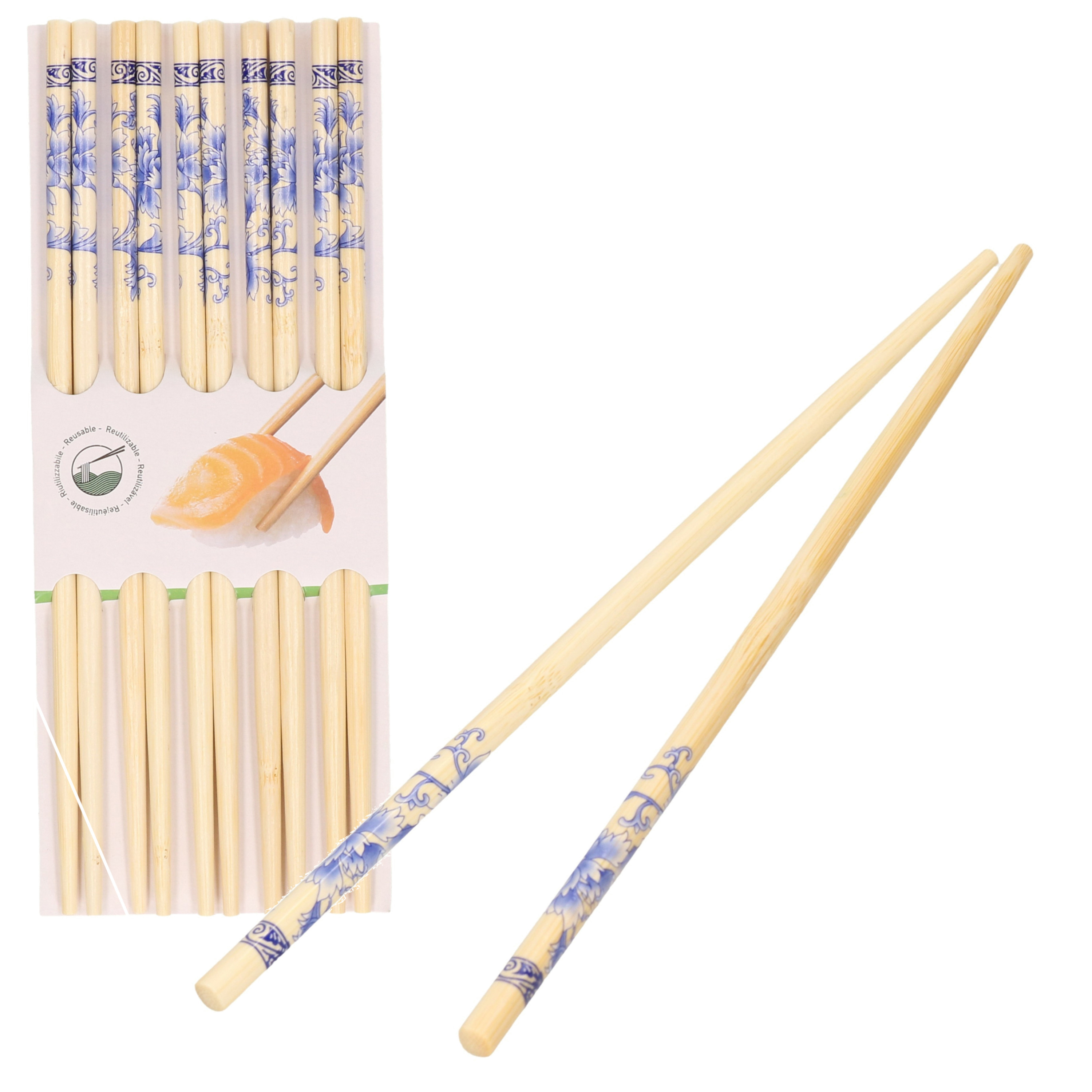Concorde Sushi eetstokjes - 5x setjes - bamboe hout - bloemen print - 24 cm -