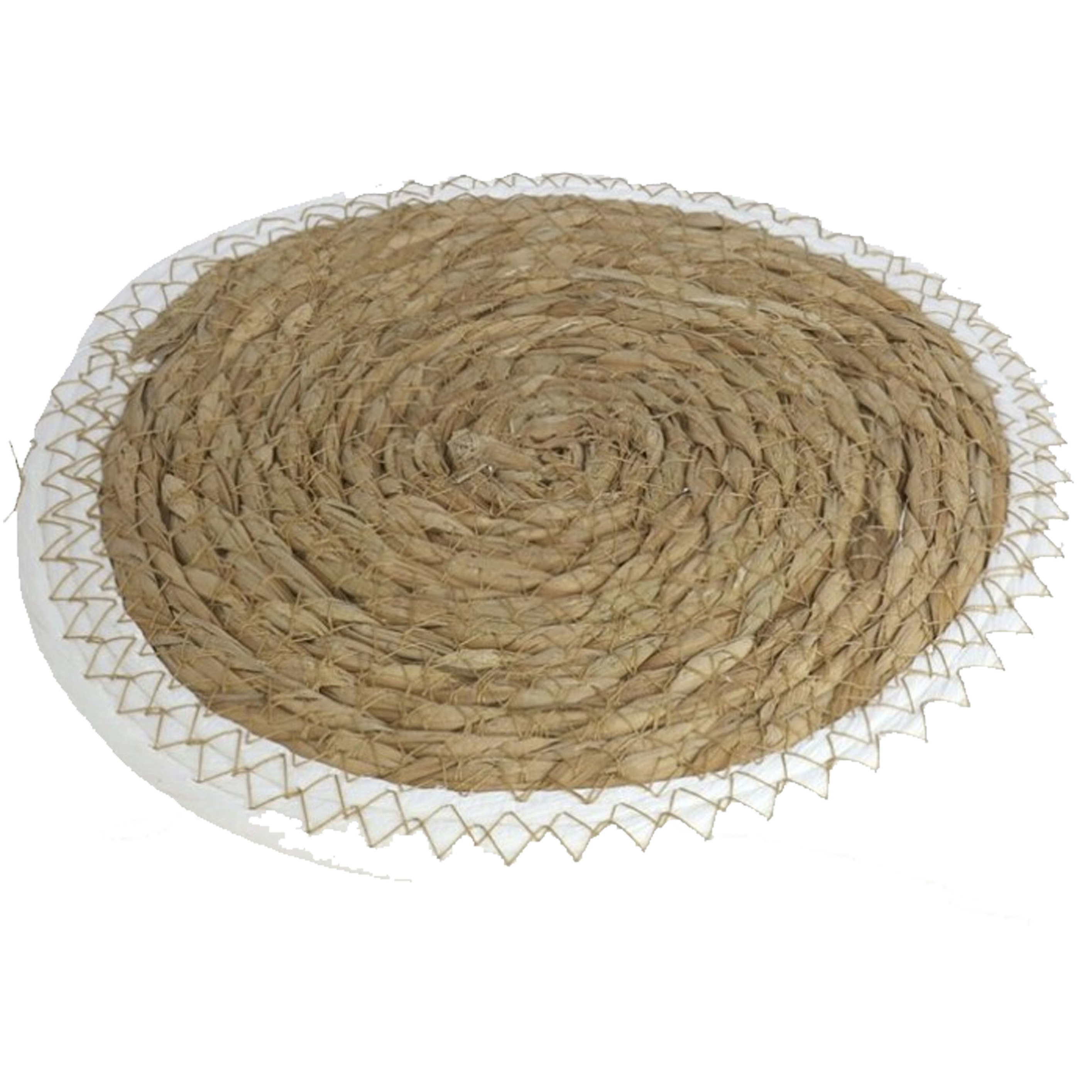 Gerimport Pannen onderzetters - zeegras - rond - 28x28 cm - naturel/wit -