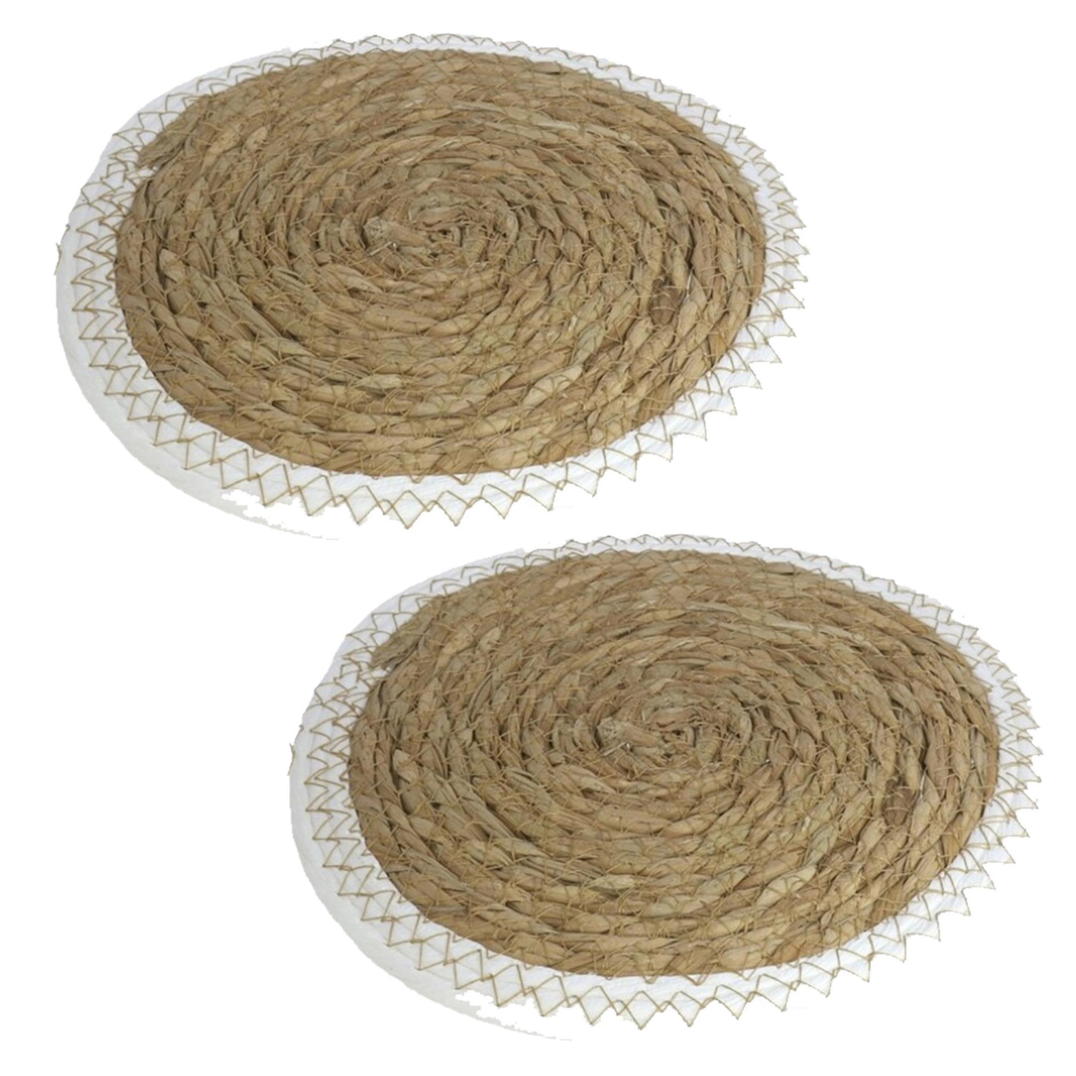 Gerimport Pannen onderzetters - Set van 2x stuks - zeegras - rond - 28x28 cm - naturel/wit -
