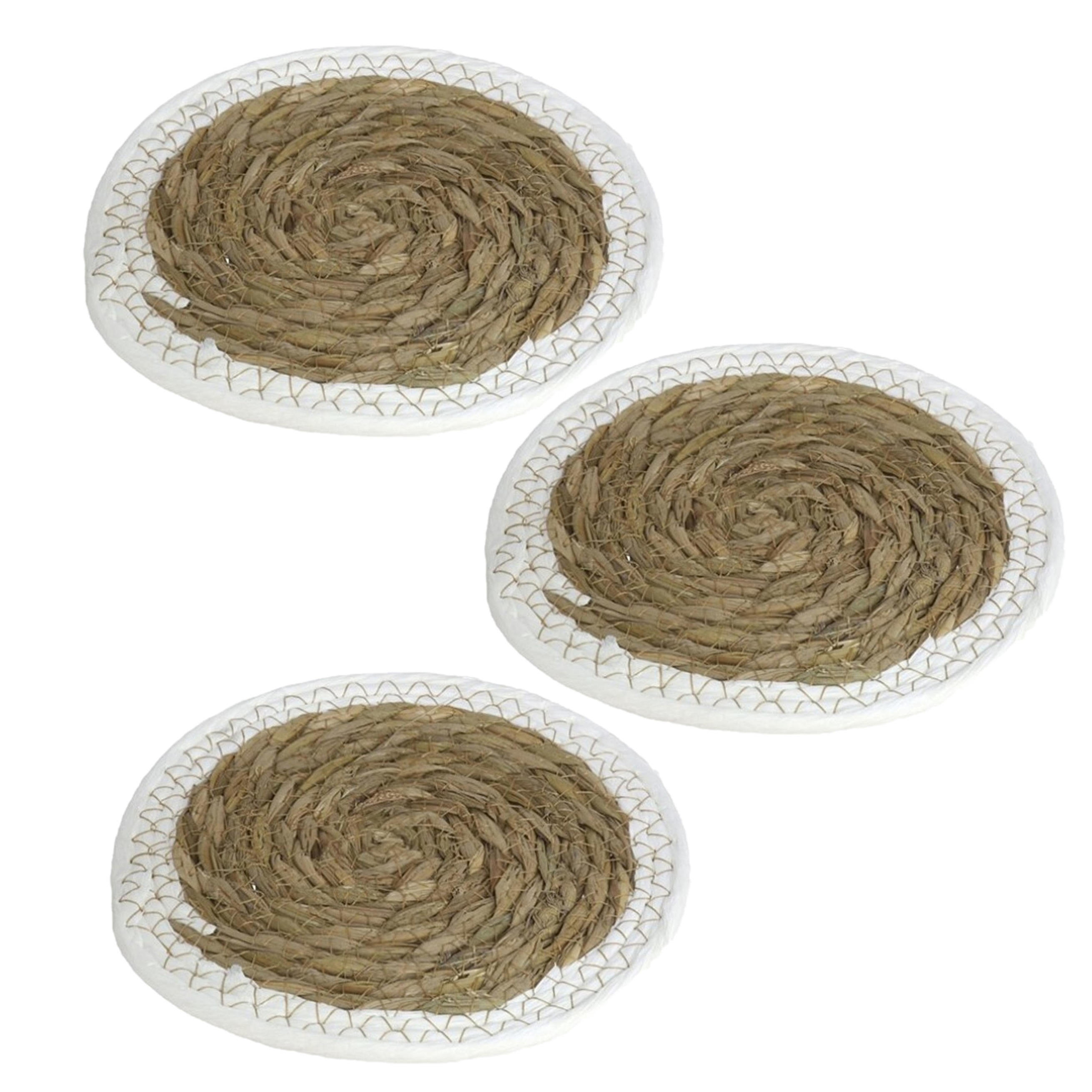 Gerimport Pannenonderzetter - Set van 3x stuks - zeegras - rond - 24x24 cm - naturel/wit - stevig - decoratief -