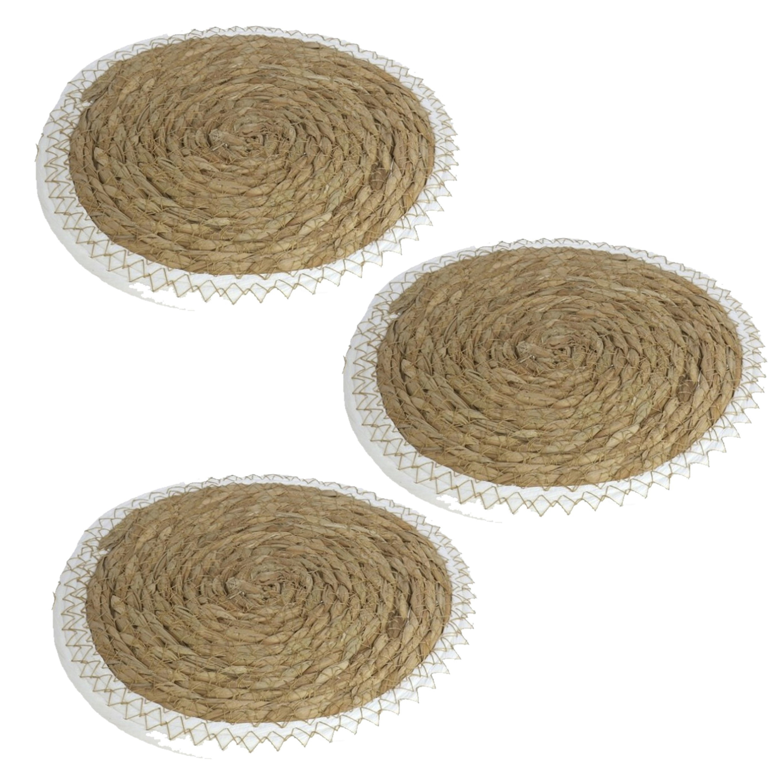 Gerimport Pannen onderzetters - Set van 3x stuks - zeegras - rond - 28x28 cm - naturel/wit -