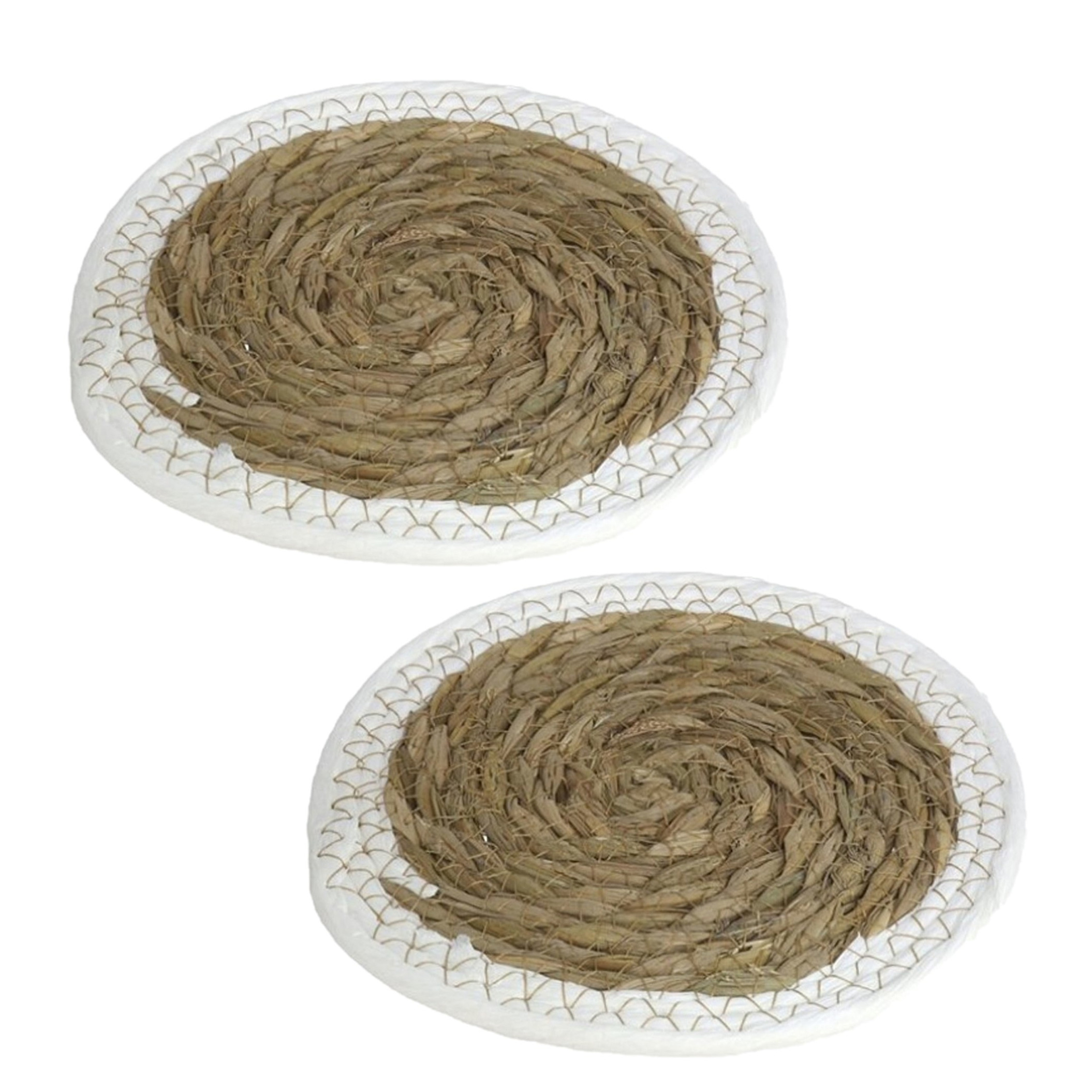 Gerimport Pannenonderzetter - Set van 4x stuks - zeegras - rond - 24x24 cm - naturel/wit - stevig - decoratief -