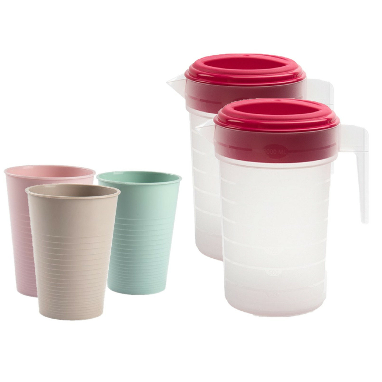 PlasticForte 2x stuks water of limonade schenkkannen - sapkannen - 2 liter - 12x glazen kunststof -