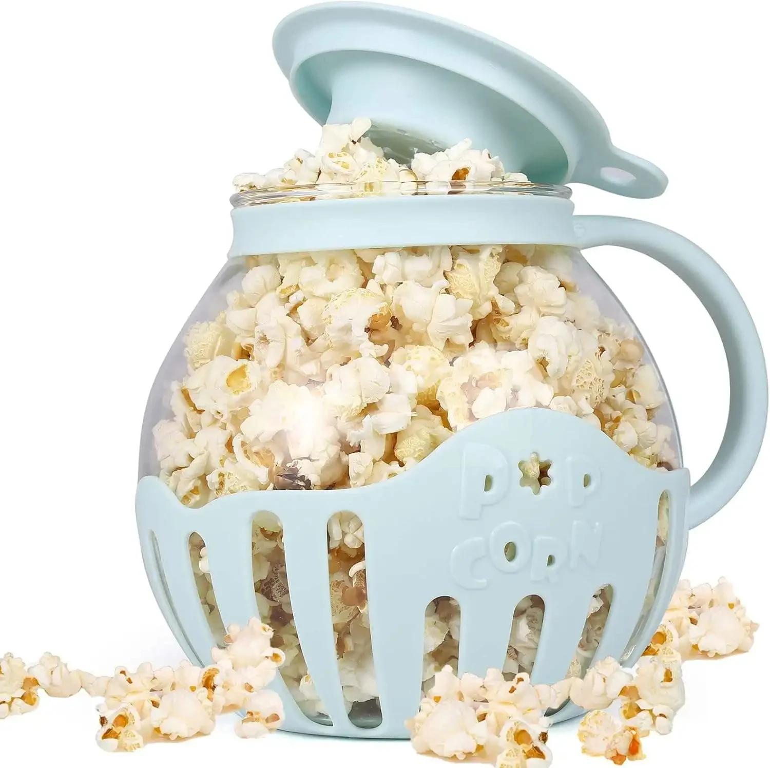 BC-Warm Home Magnetron Popcorn Popper Emmer Magnetron Kommen Mini Machine Veilig Borosilicaat Glas 3-in-1 Siliconen Deksel Popcorn Makers hemelsblauwe kleur