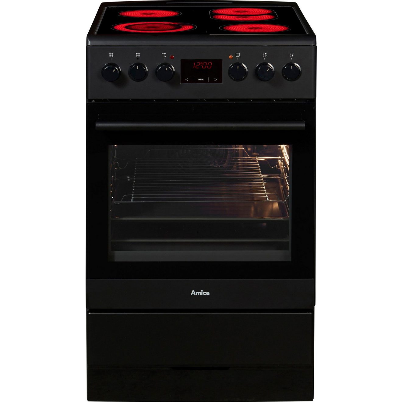 Amica Vrijstaand elektrisch fornuis SHC 11503 SM Oven met 11 programma's en tweeledig uittrekbare bakplaat rails.