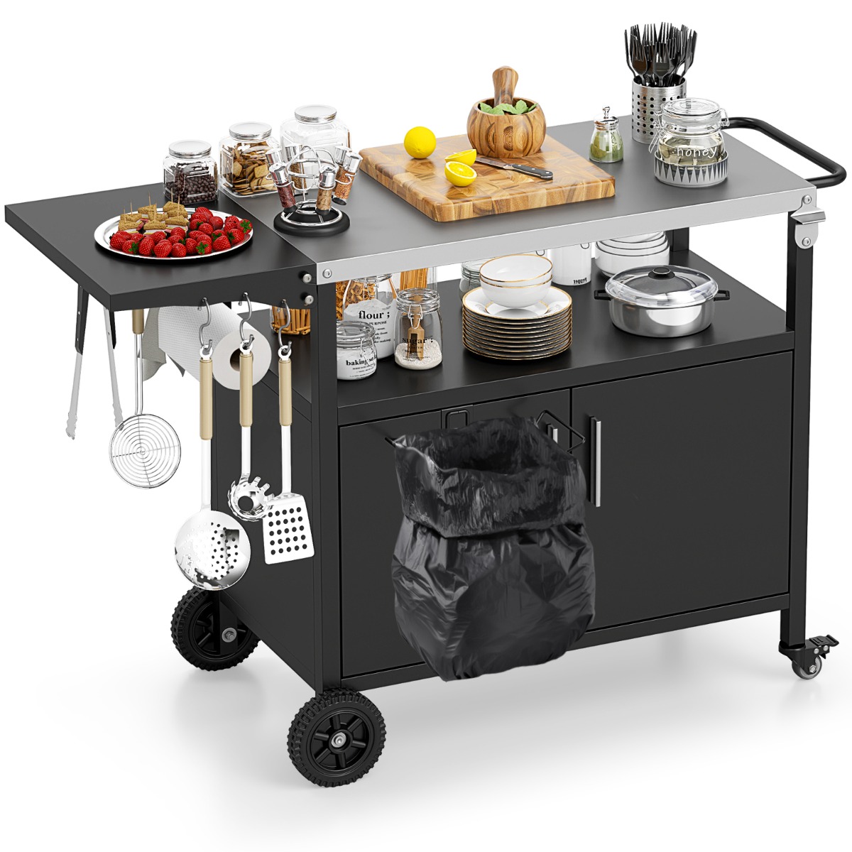 Costway BBQ-Kar Buitenkeukenkar Opvouwbare Lade van Roestvrij Staal 6 Haken Open Plank Kast met 2 Deuren voor Picknick Tuin Zwart
