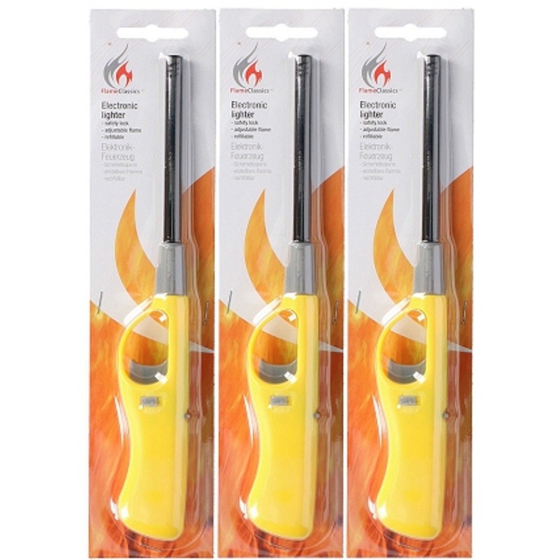 Merkloos 3x Gele barbecue aansteker/gasaansteker navulbaar 26 cm -