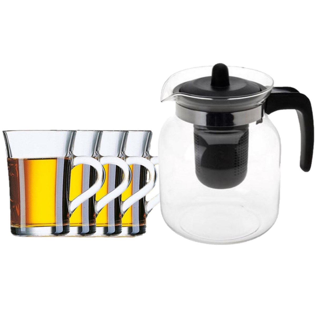 Merkloos Glazen theepot zwart met filter van 1,5 liter met 6x stuks theeglazen Stockholm van 230 ml -