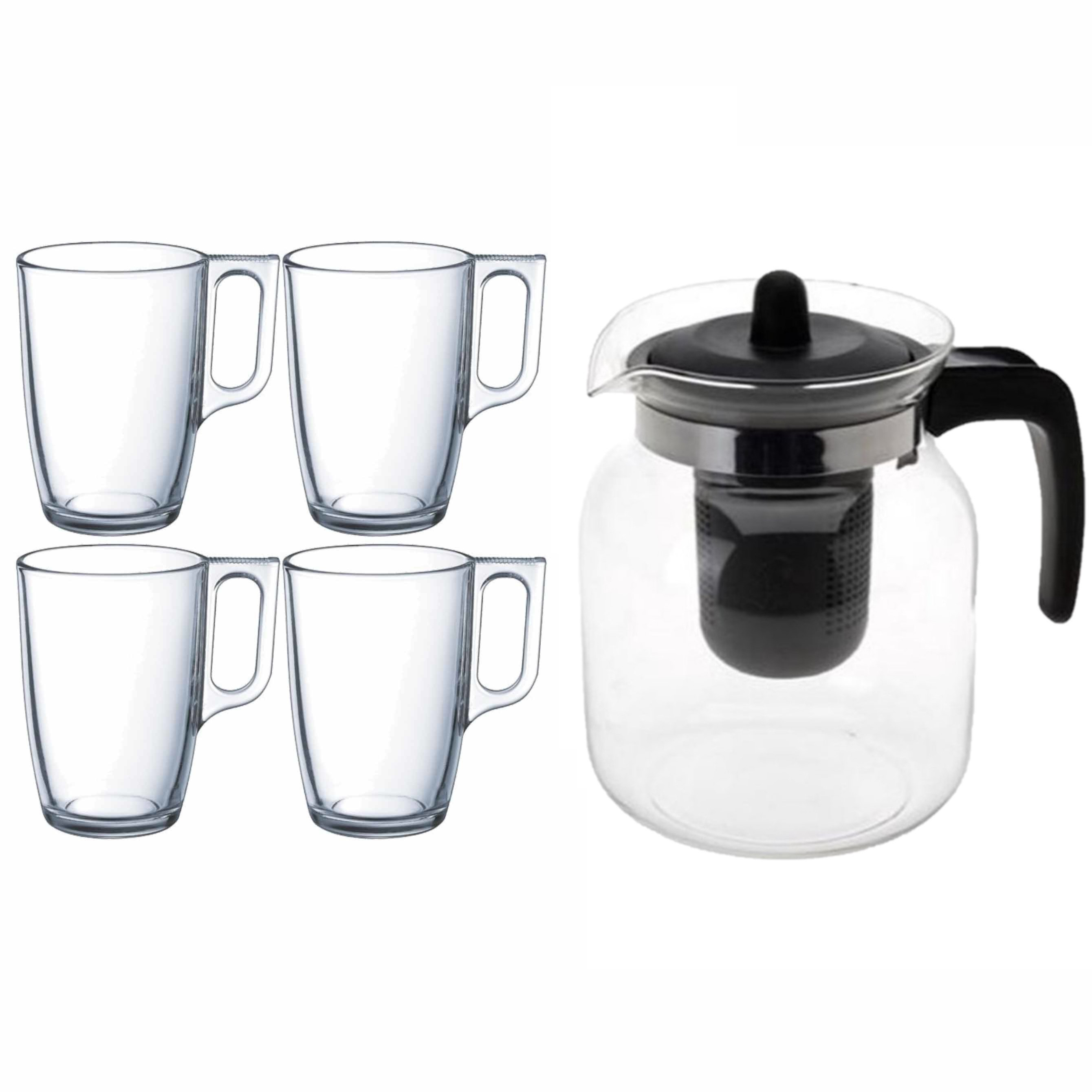 Merkloos Glazen theepot zwart met filter van 1,5 liter met 6x stuks theeglazen Malmo van 320 ml -
