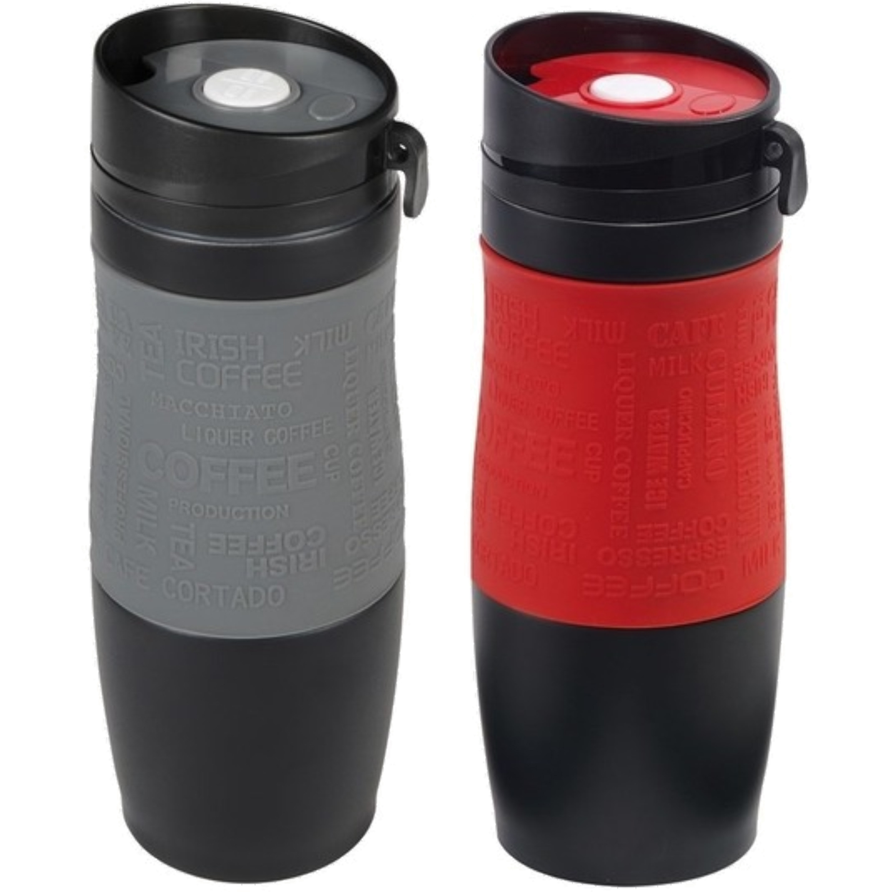 Merkloos Set van 2x Thermosbekers - warmhoud bekers - rood en grijs - 380 ml - Isolerende drinkbekers -