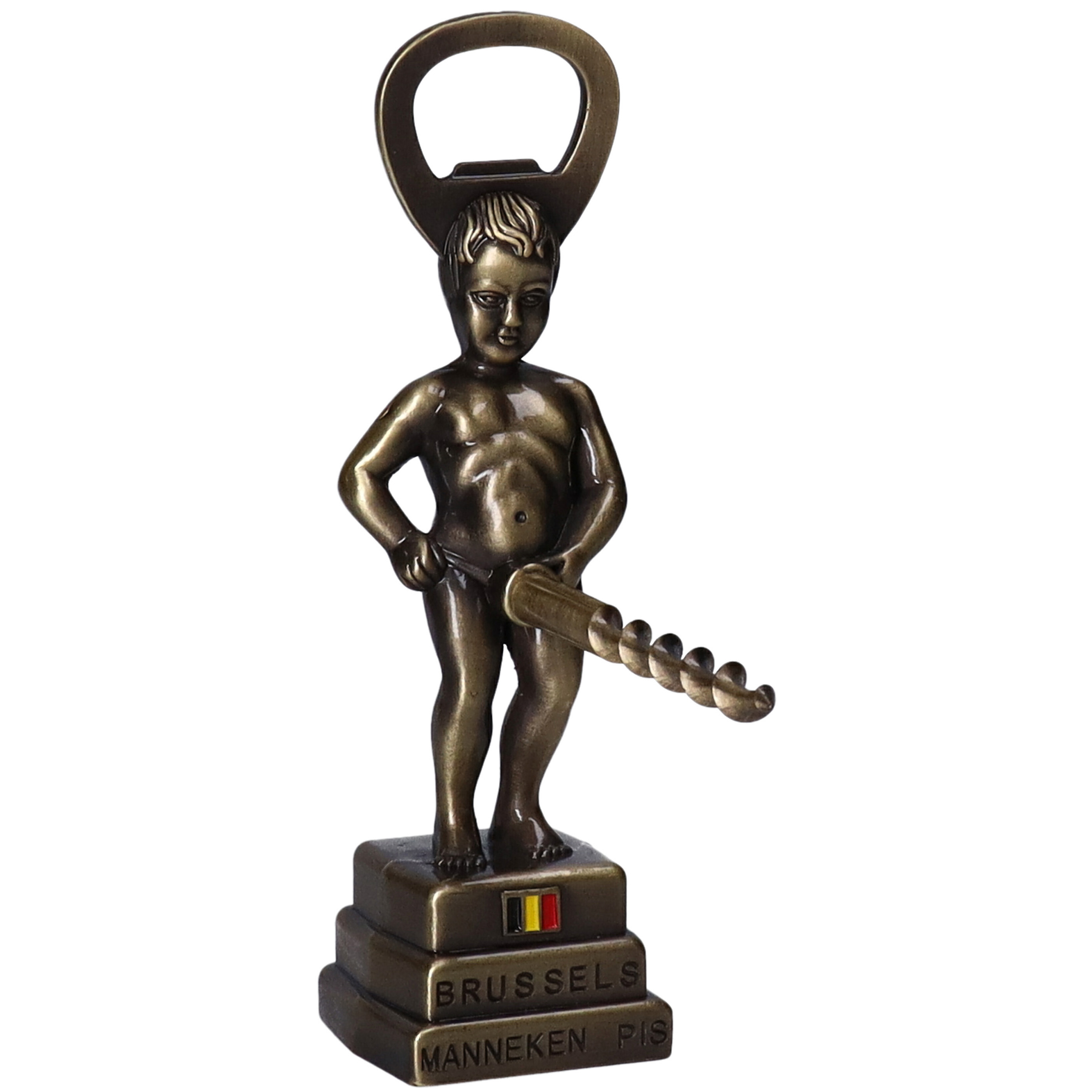 Merkloos Manneke Pis flesopener/kurkentrekker - wijnflessen openener - goud - 13 cm - metaal -